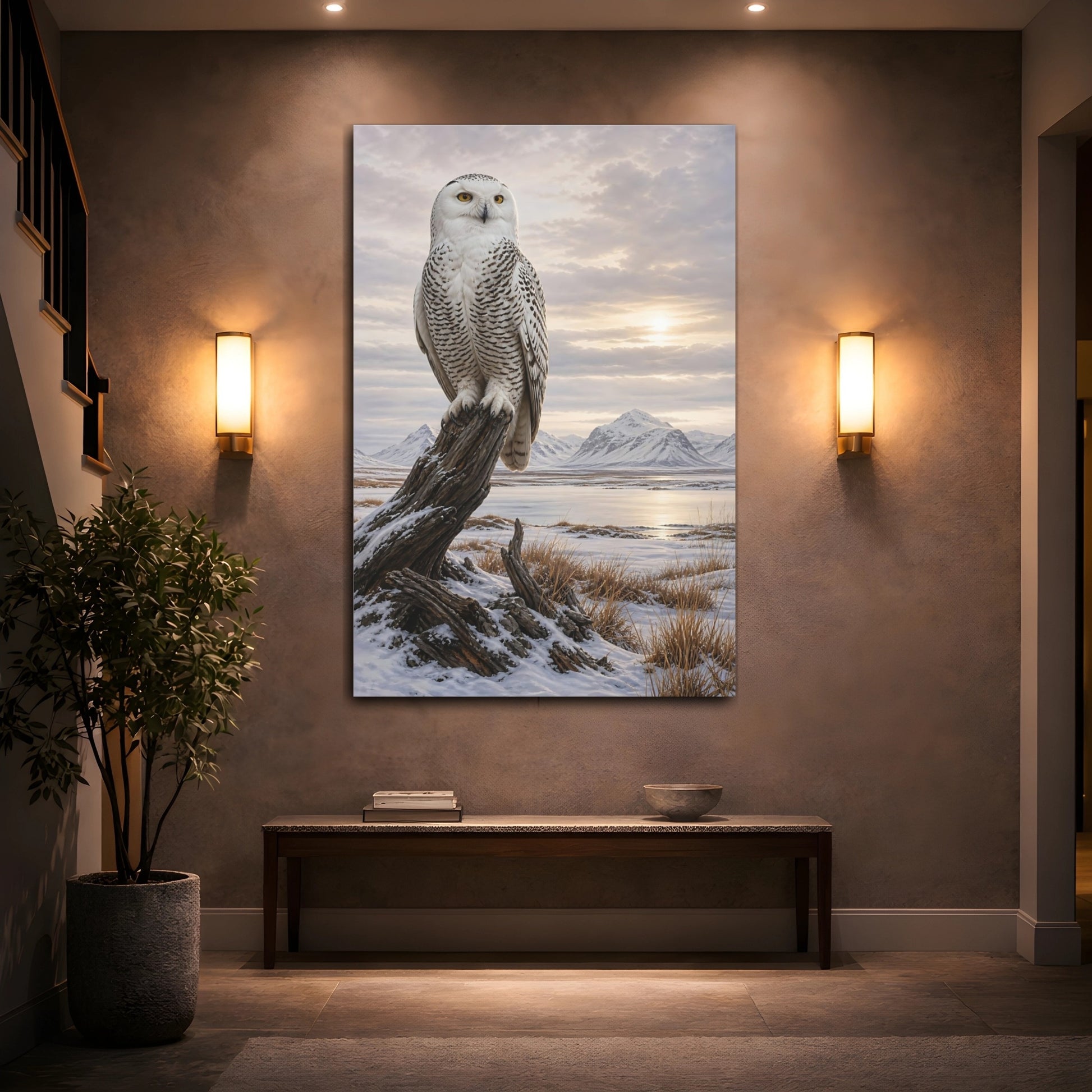 Mockup 2. Animals Snowy Owl Snowy Owl Winter shown as stretched canvas wall art