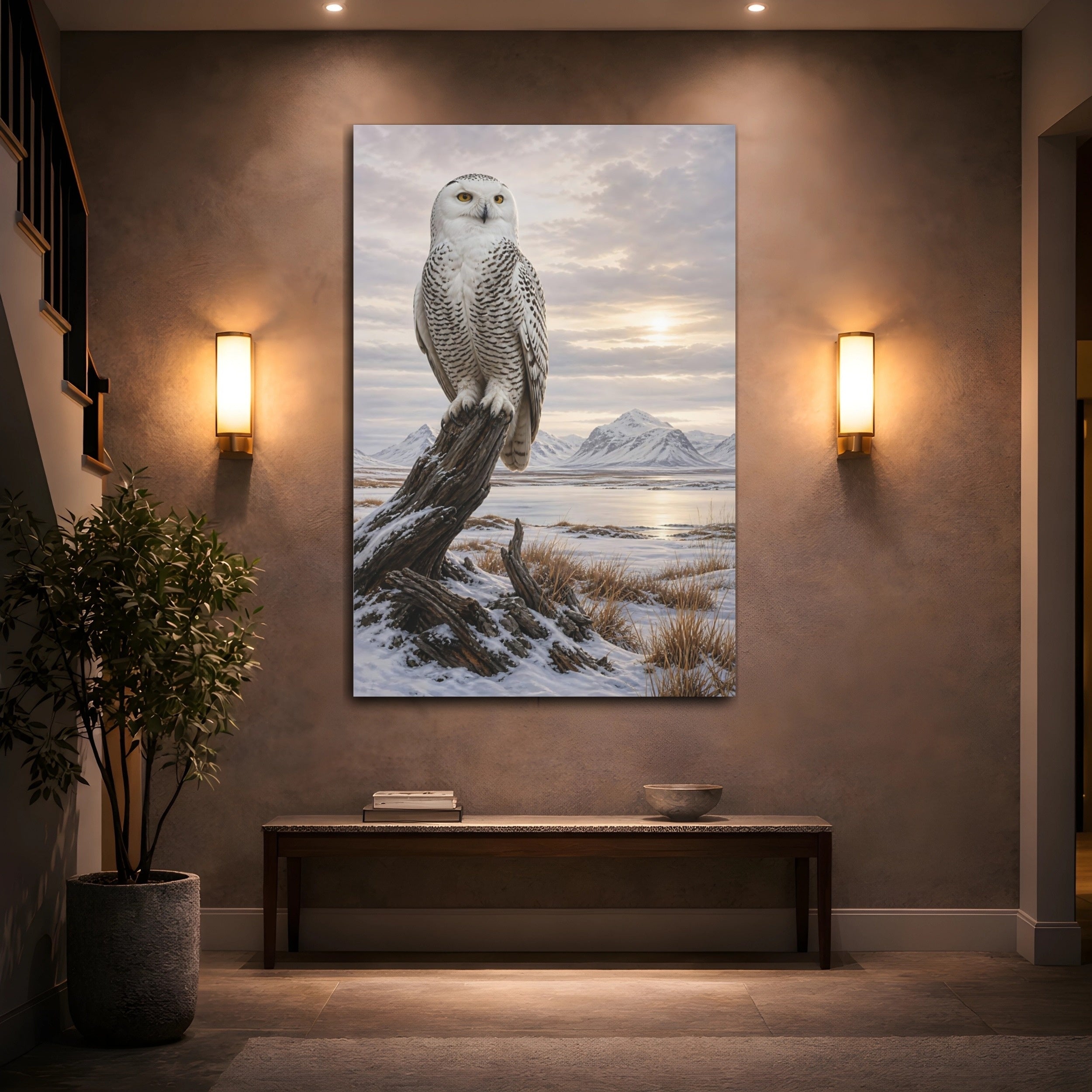 Mockup 2. Animals Snowy Owl Snowy Owl Winter shown as stretched canvas wall art