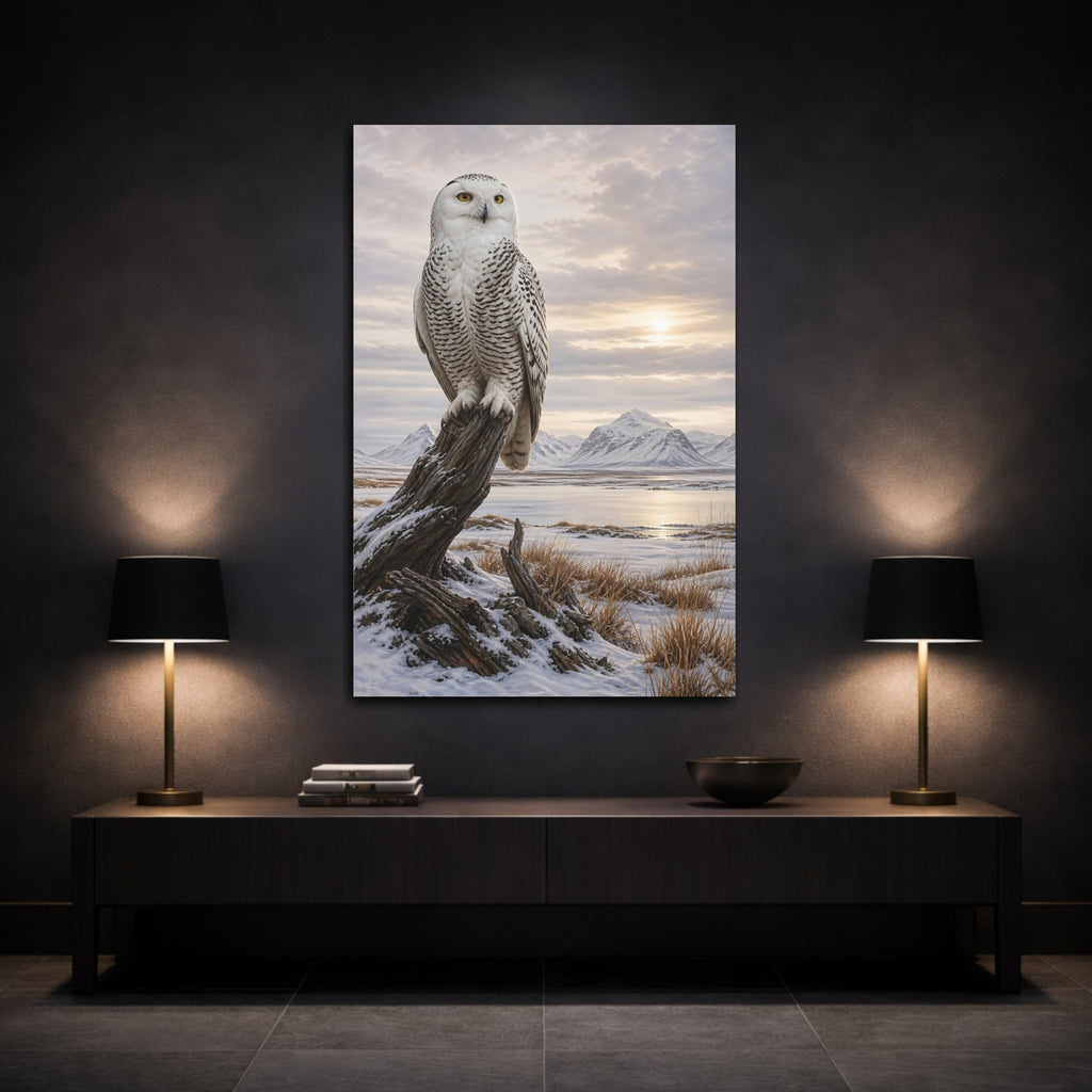 Mockup 3. Animals Snowy Owl Snowy Owl Winter shown as stretched canvas wall art