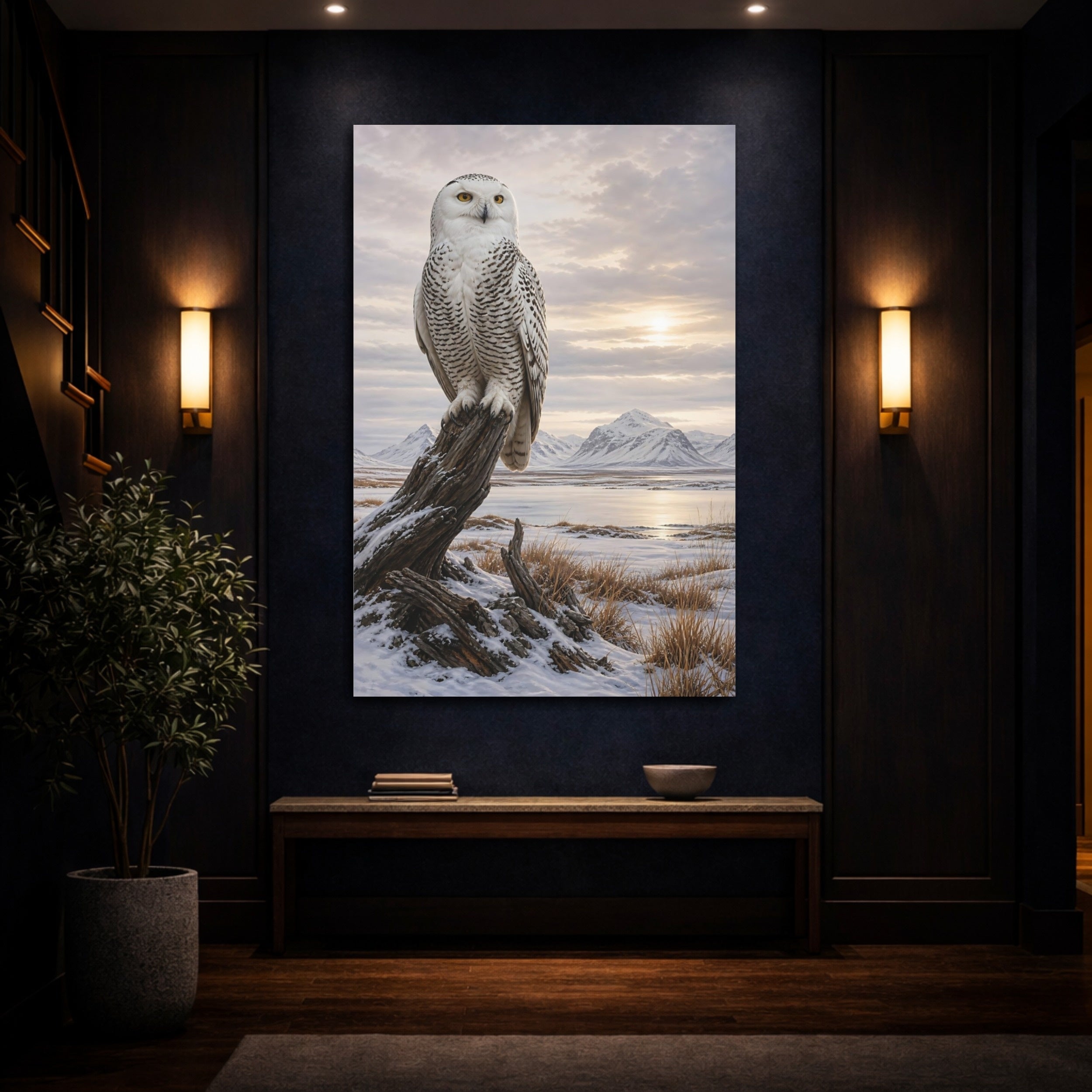 Mockup 4. Animals Snowy Owl Snowy Owl Winter shown as stretched canvas wall art