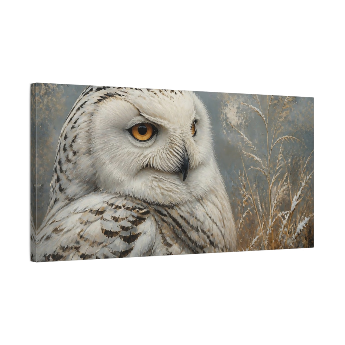 Side Mockup 1. Animals Snowy Owl White And Gray Owl shown as stretched canvas wall art