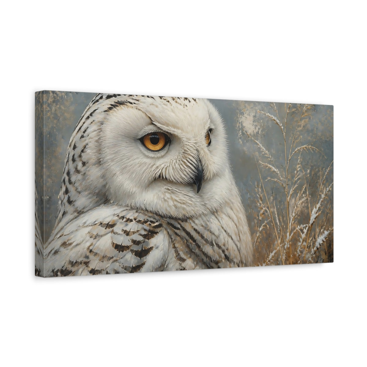 Side Mockup 3. Animals Snowy Owl White And Gray Owl shown as stretched canvas wall art