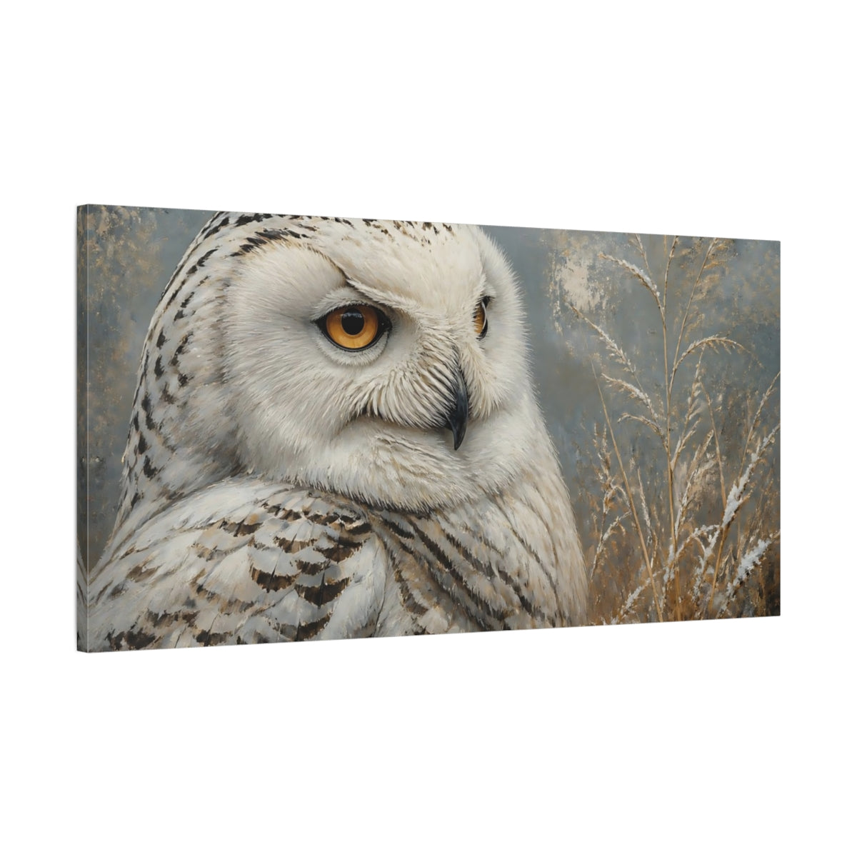 Main Mockup. Animals Snowy Owl White And Gray Owl shown as stretched canvas wall art