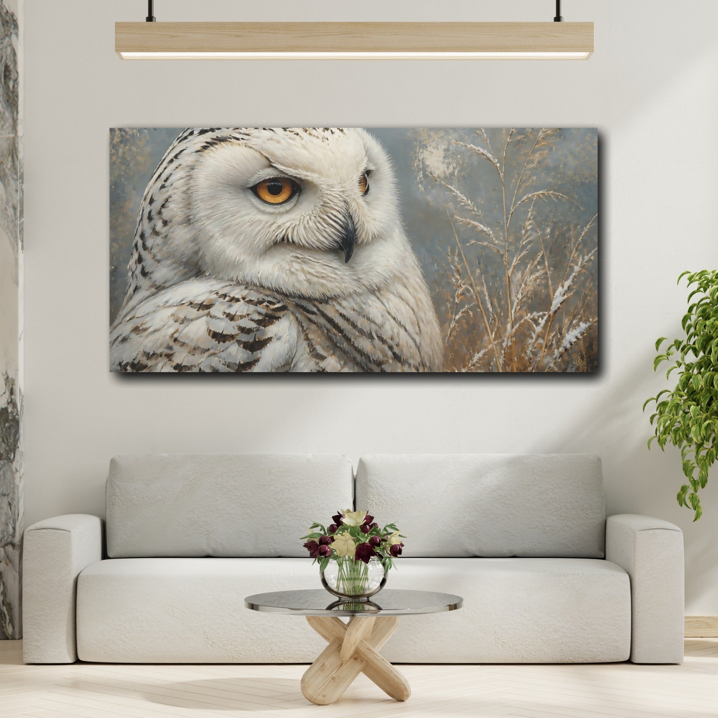 Mockup 2. Animals Snowy Owl White And Gray Owl shown as stretched canvas wall art