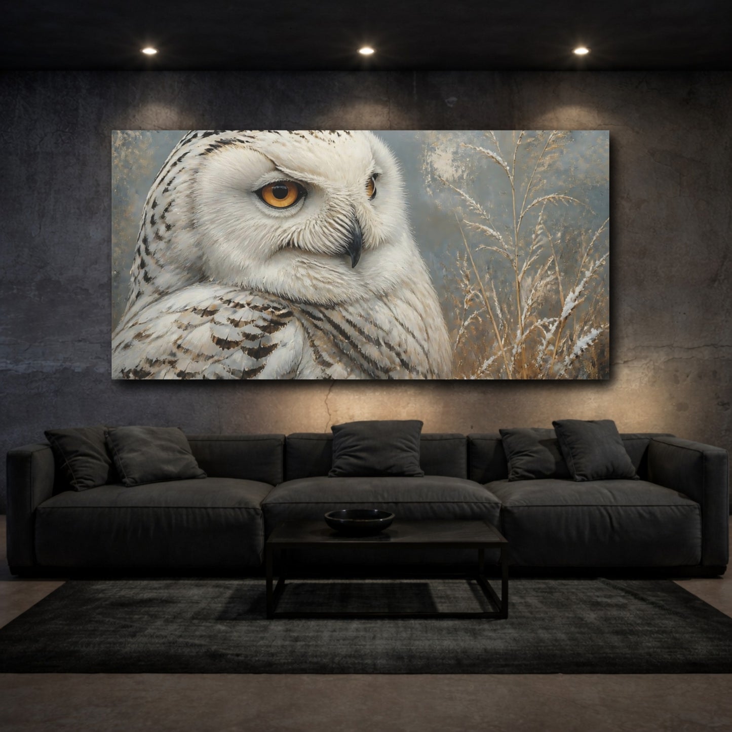 Mockup 3. Animals Snowy Owl White And Gray Owl shown as stretched canvas wall art
