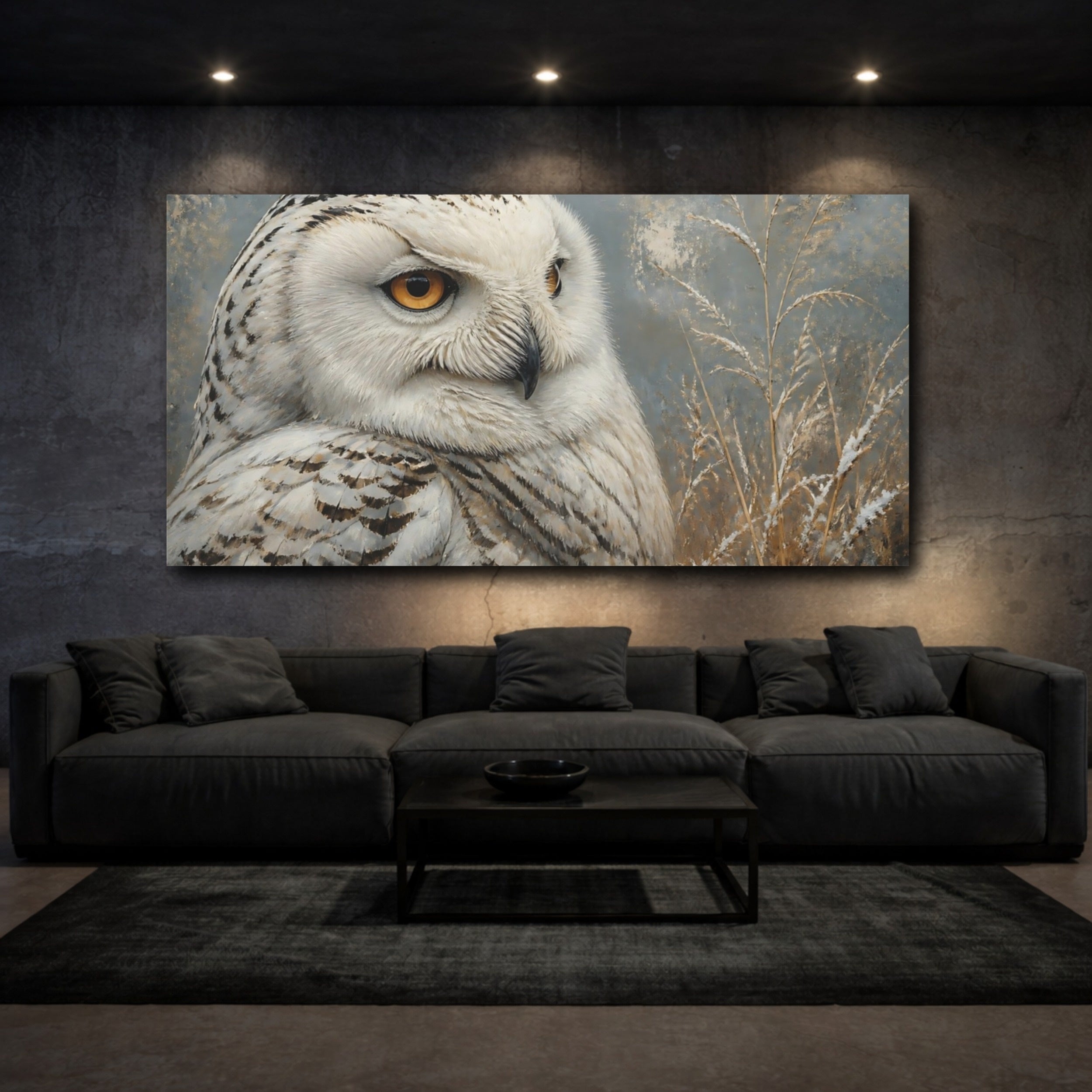 Mockup 3. Animals Snowy Owl White And Gray Owl shown as stretched canvas wall art