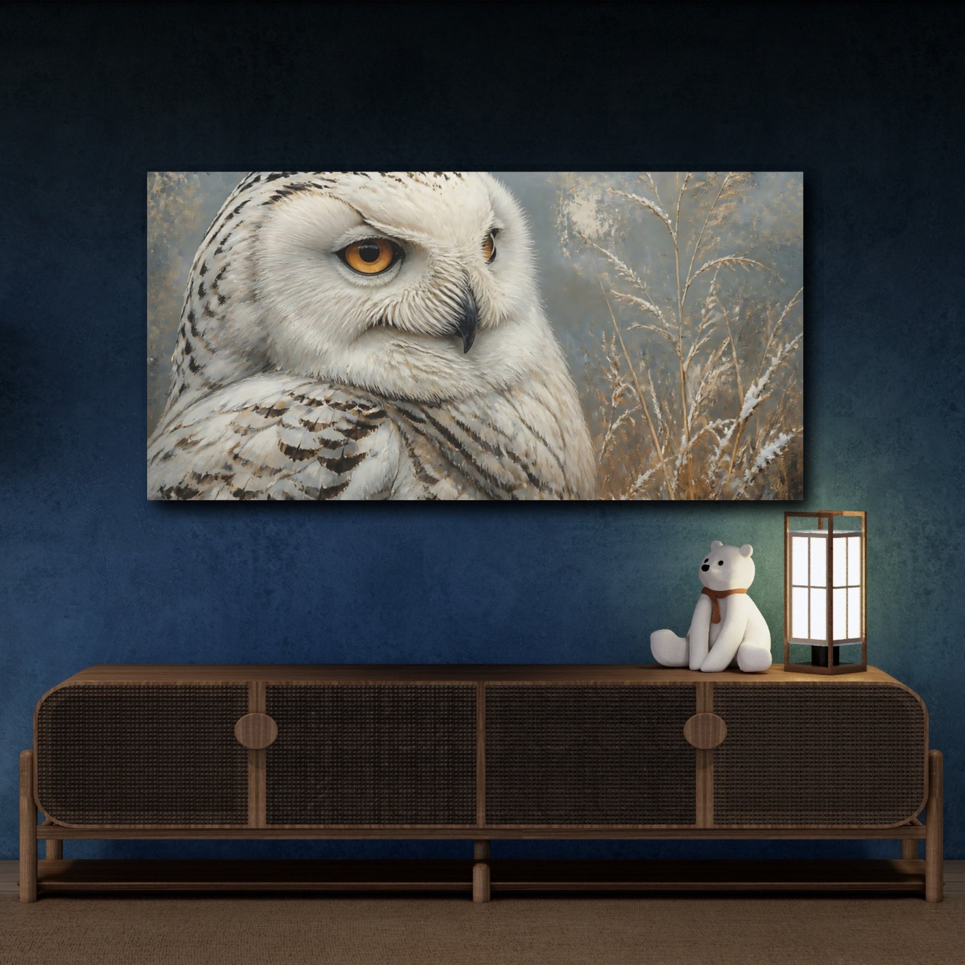 Mockup 4. Animals Snowy Owl White And Gray Owl shown as stretched canvas wall art