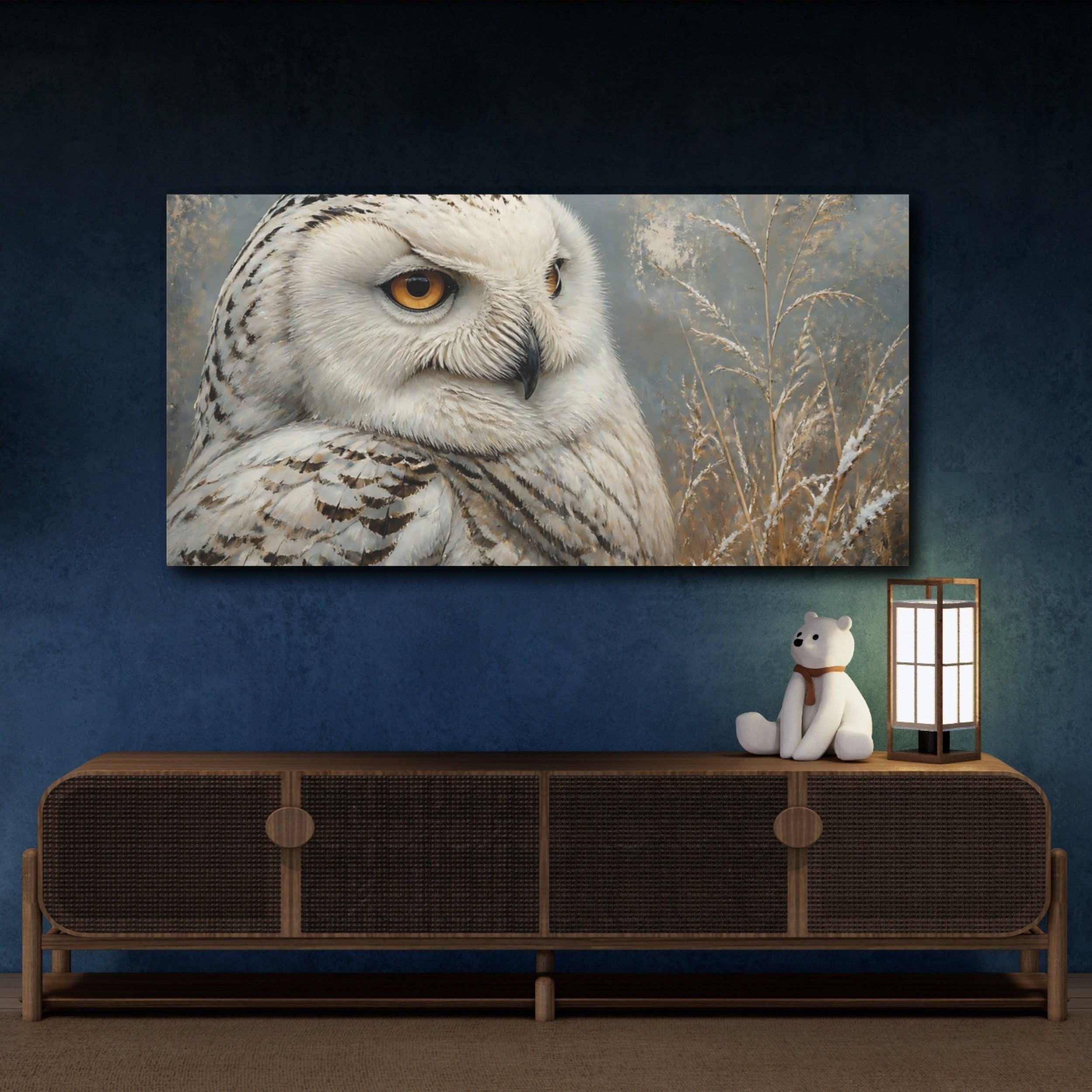 Mockup 4. Animals Snowy Owl White And Gray Owl shown as stretched canvas wall art