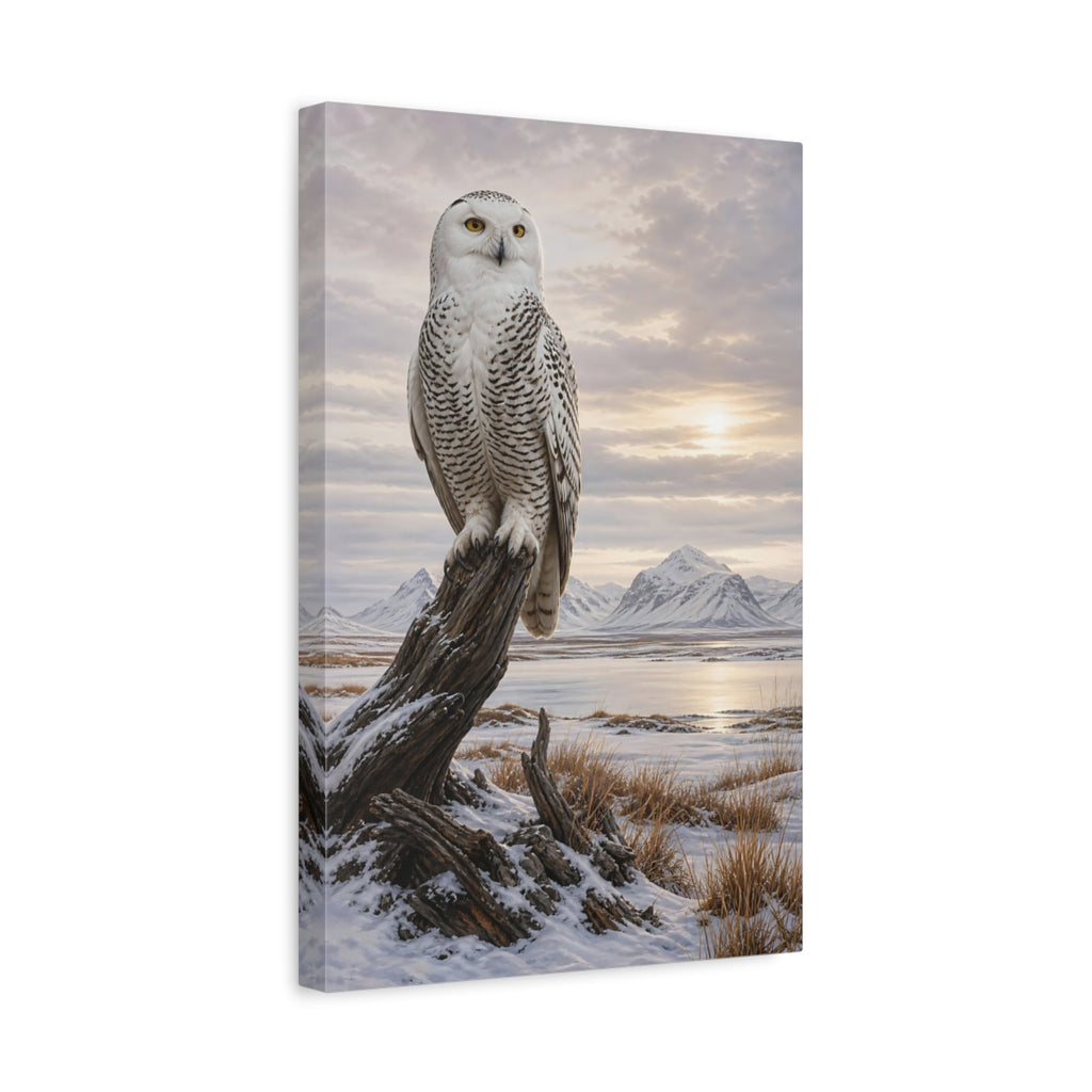 Side Mockup 4. Animals Snowy Owl Snowy Owl Winter shown as stretched canvas wall art