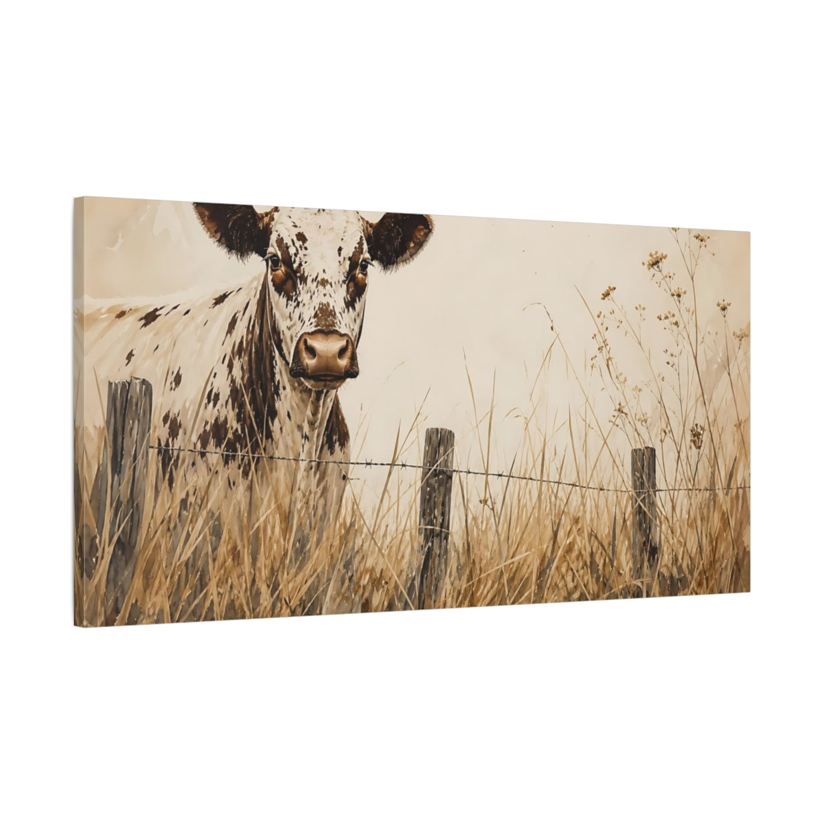 Main Mockup. Animals Spotted Cow Brown And White shown as stretched canvas wall art