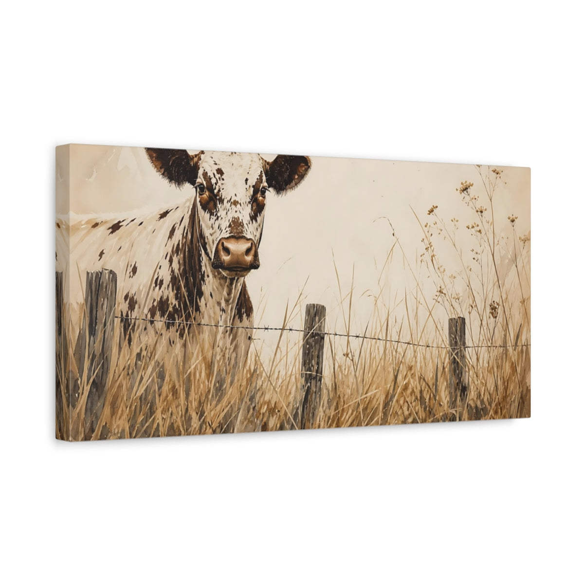 Side Mockup 3. Animals Spotted Cow Brown And White shown as stretched canvas wall art