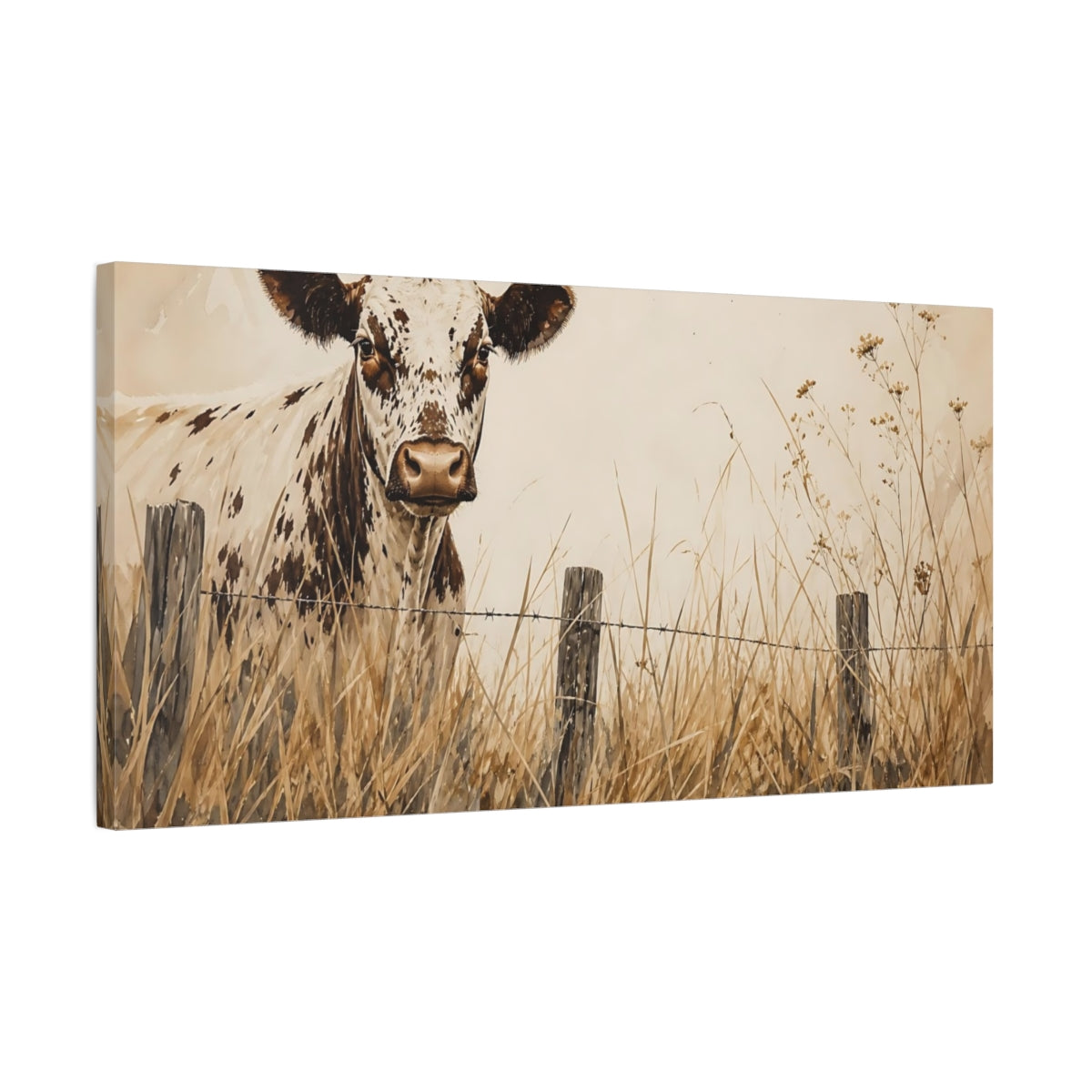 Side Mockup 1. Animals Spotted Cow Brown And White shown as stretched canvas wall art