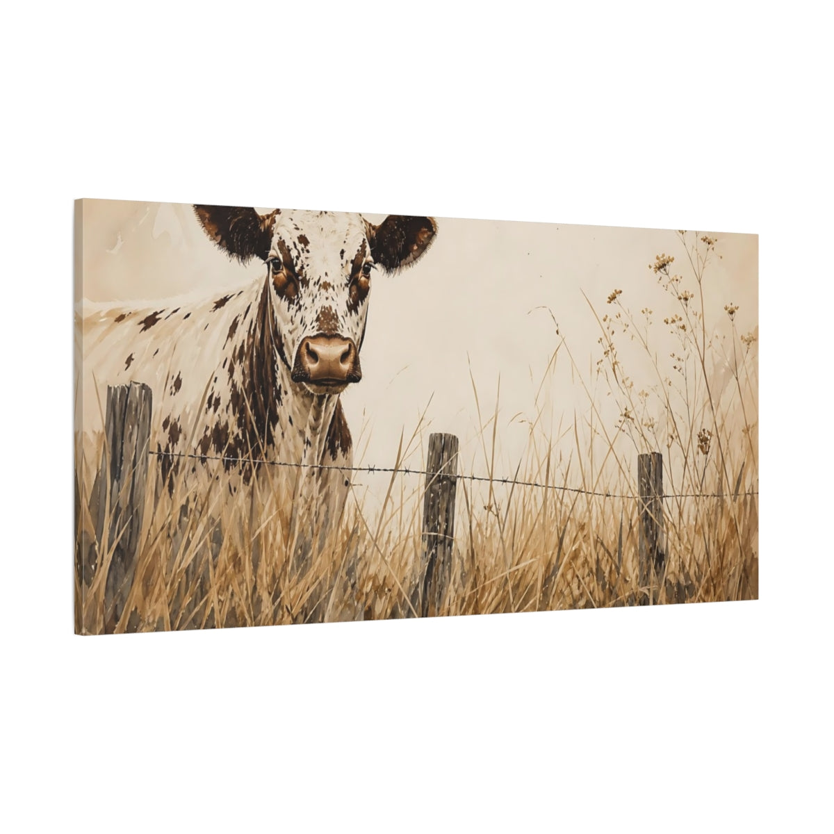 Side Mockup 2. Animals Spotted Cow Brown And White shown as stretched canvas wall art