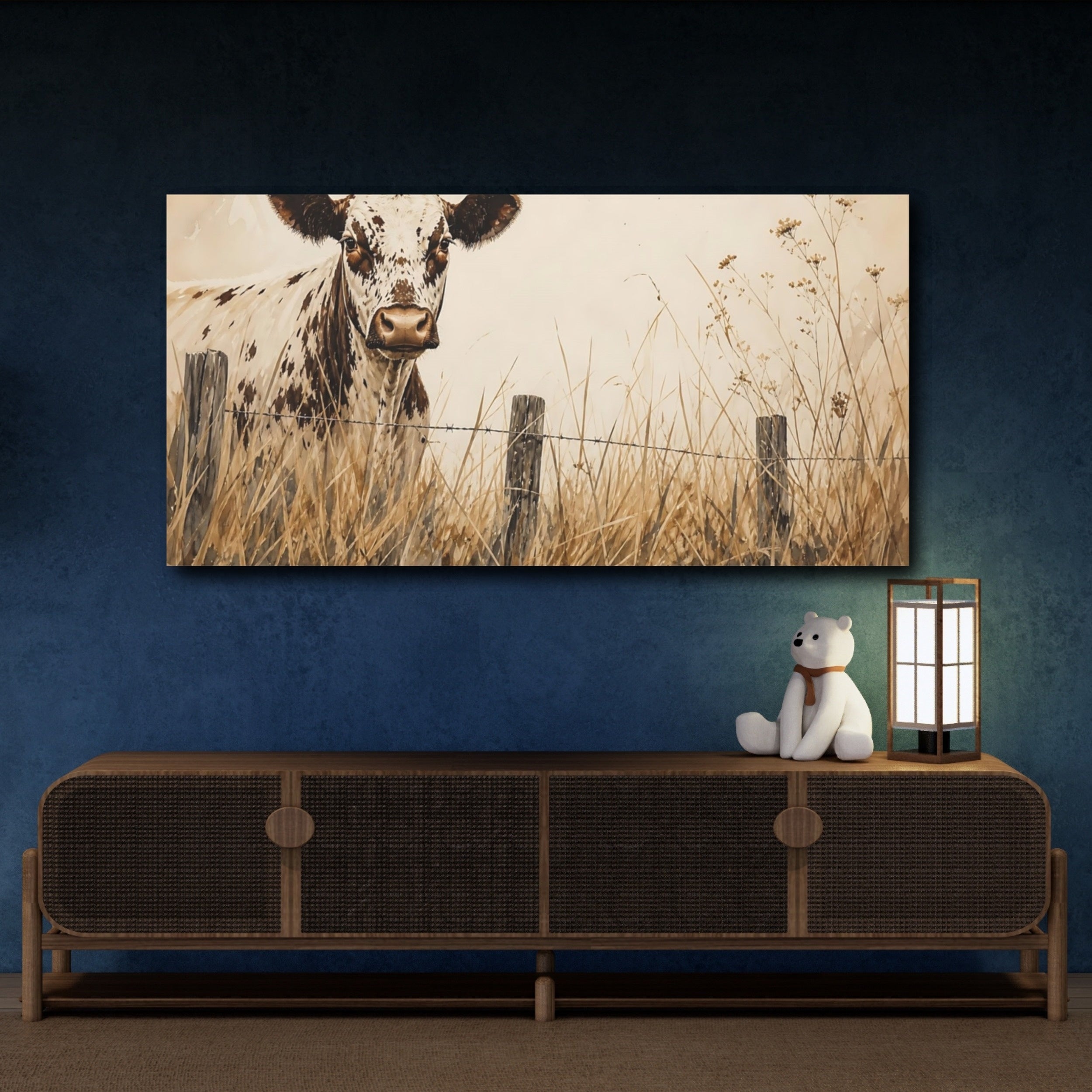 Mockup 4. Animals Spotted Cow Brown And White shown as stretched canvas wall art