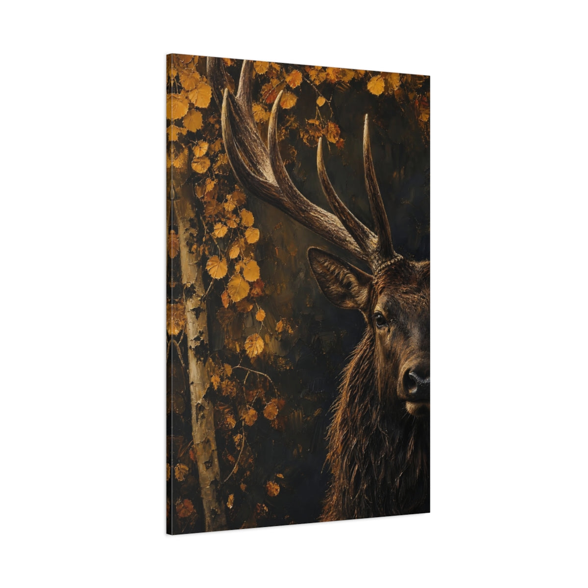 Side Mockup 1. Animals Stag Brown Gold Stag shown as stretched canvas wall art