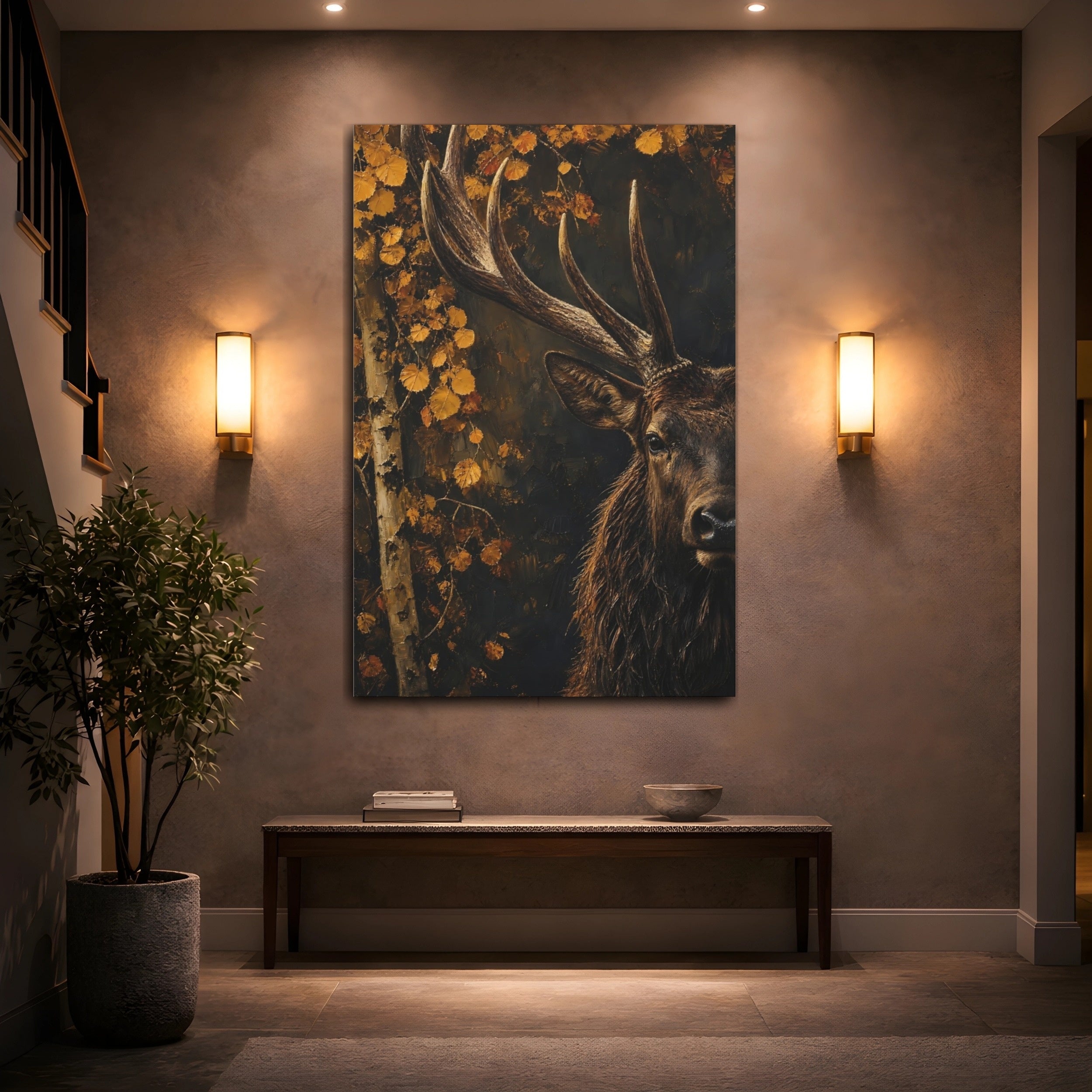 Mockup 2. Animals Stag Brown Gold Stag shown as stretched canvas wall art