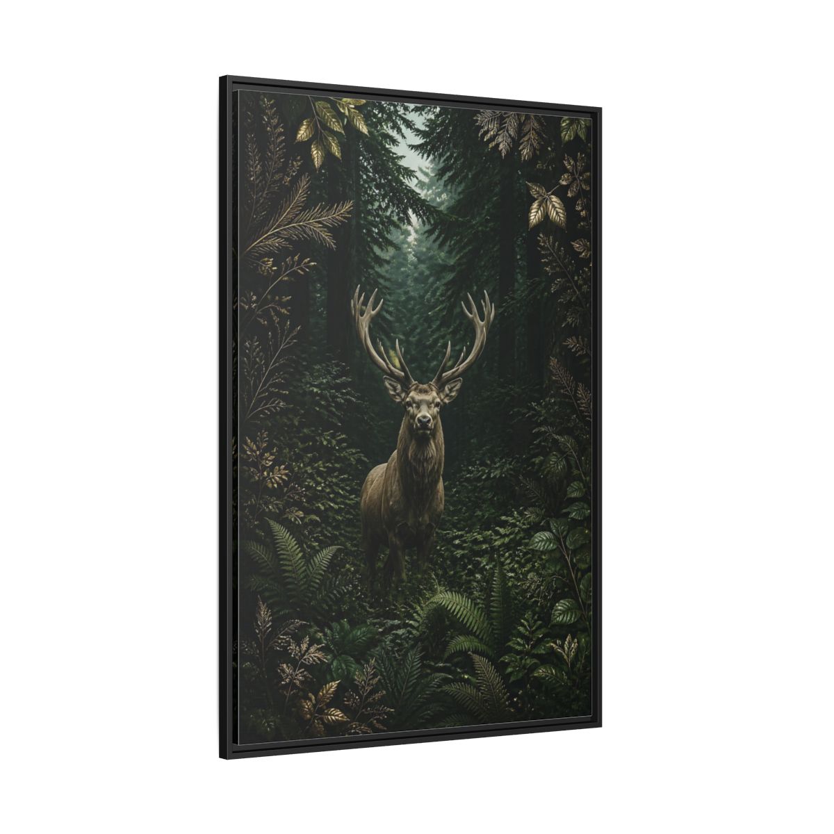 Side Mockup 12. Animals Stag Deep Green Forest Stag shown as stretched canvas wall art