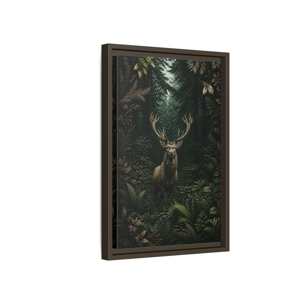 Side Mockup 5. Animals Stag Deep Green Forest Stag shown as stretched canvas wall art