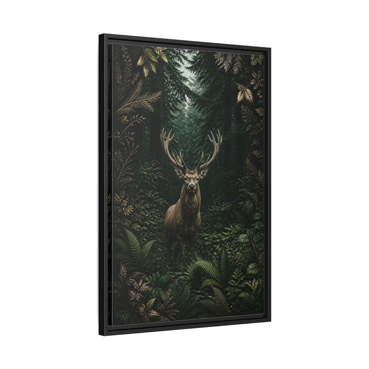 Side Mockup 14. Animals Stag Deep Green Forest Stag shown as stretched canvas wall art