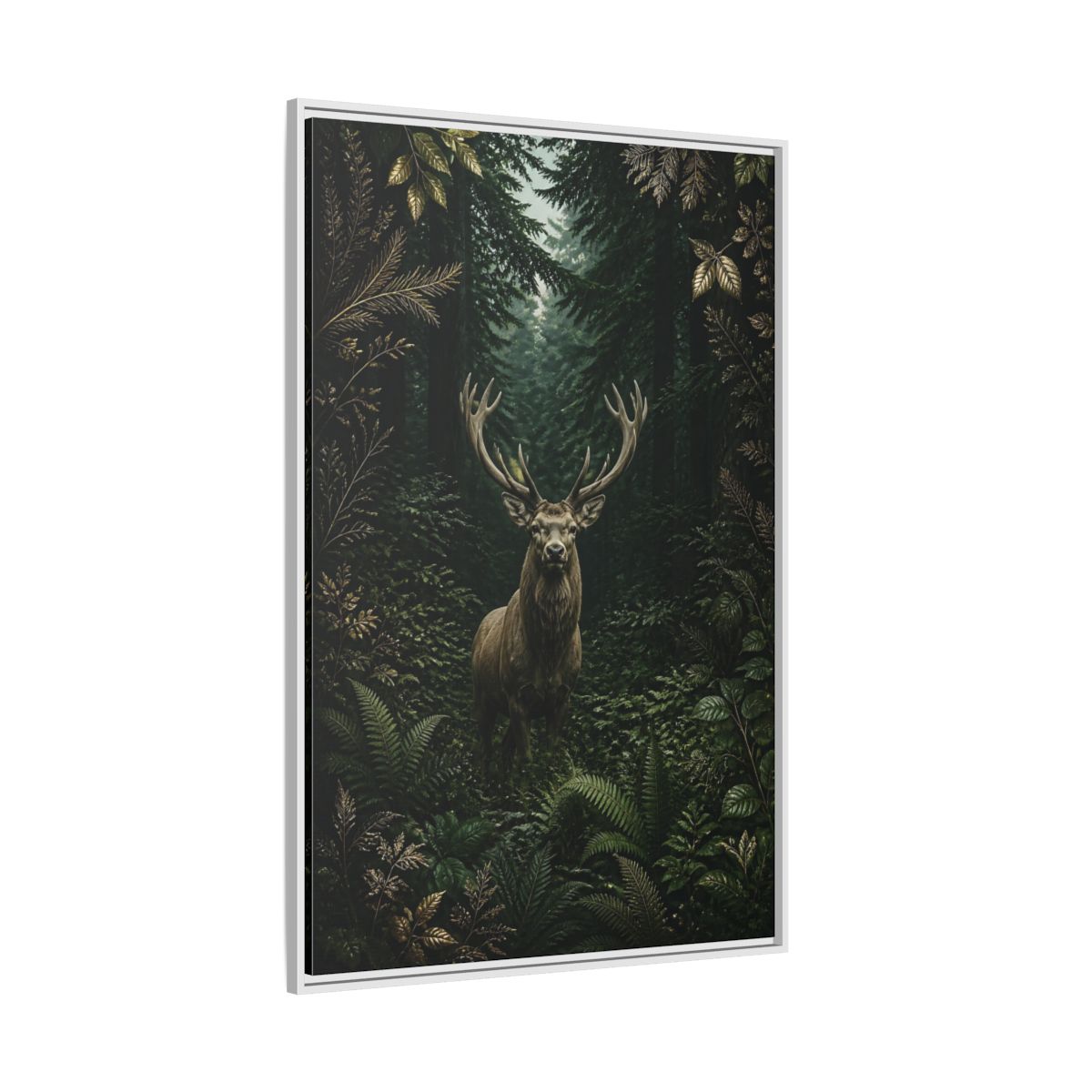 Side Mockup 7. Animals Stag Deep Green Forest Stag shown as stretched canvas wall art