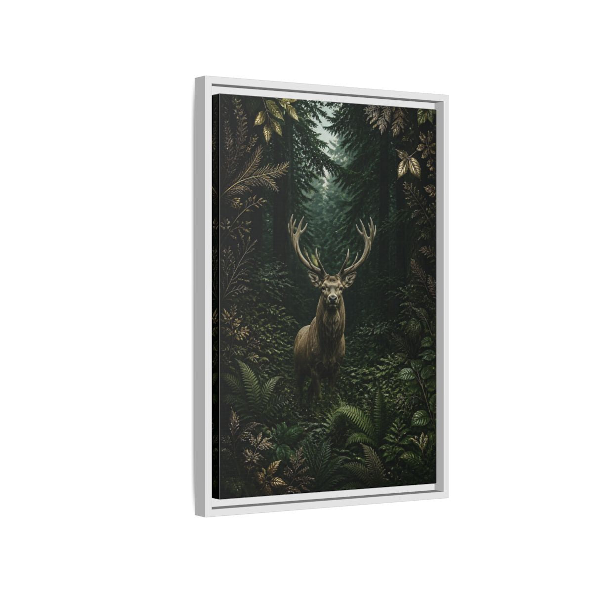 Side Mockup 1. Animals Stag Deep Green Forest Stag shown as stretched canvas wall art