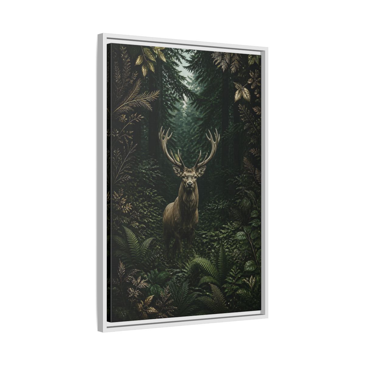 Side Mockup 10. Animals Stag Deep Green Forest Stag shown as stretched canvas wall art