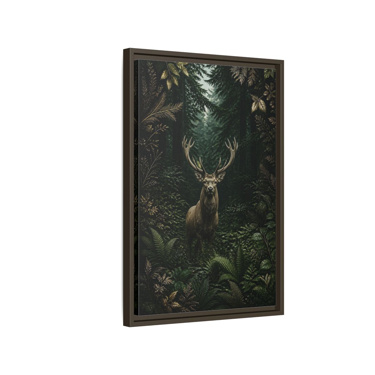 Side Mockup 2. Animals Stag Deep Green Forest Stag shown as stretched canvas wall art