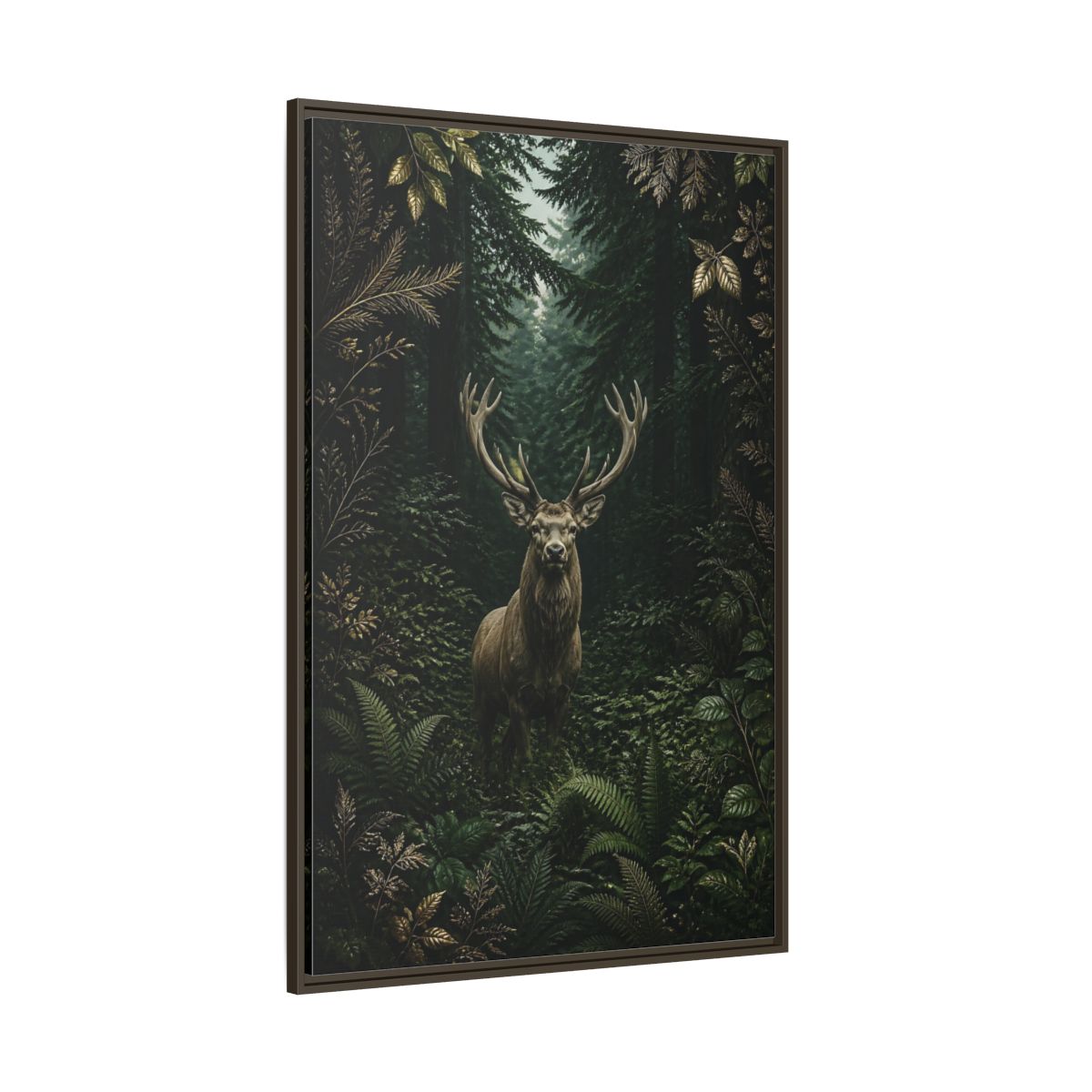 Side Mockup 8. Animals Stag Deep Green Forest Stag shown as stretched canvas wall art