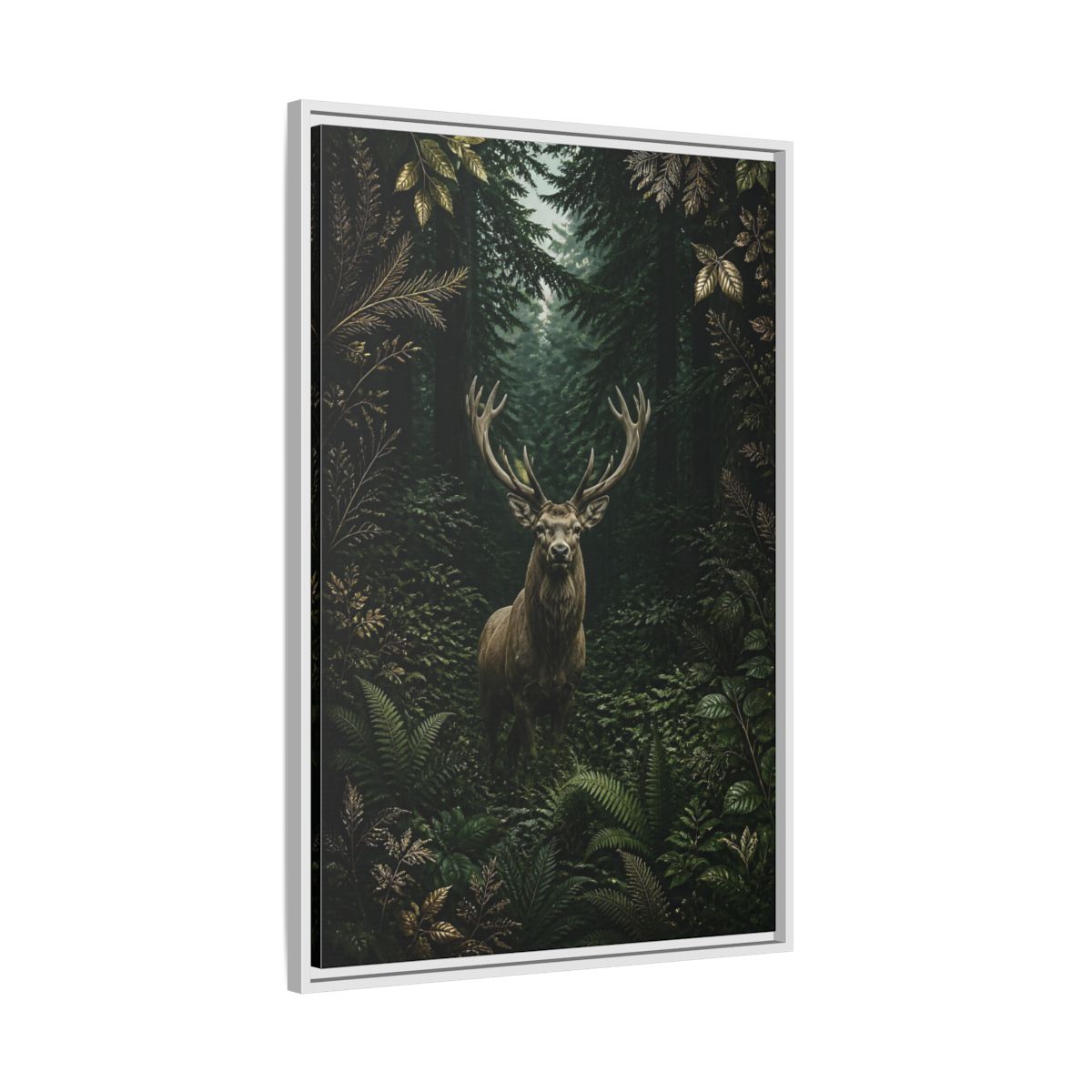 Side Mockup 9. Animals Stag Deep Green Forest Stag shown as stretched canvas wall art