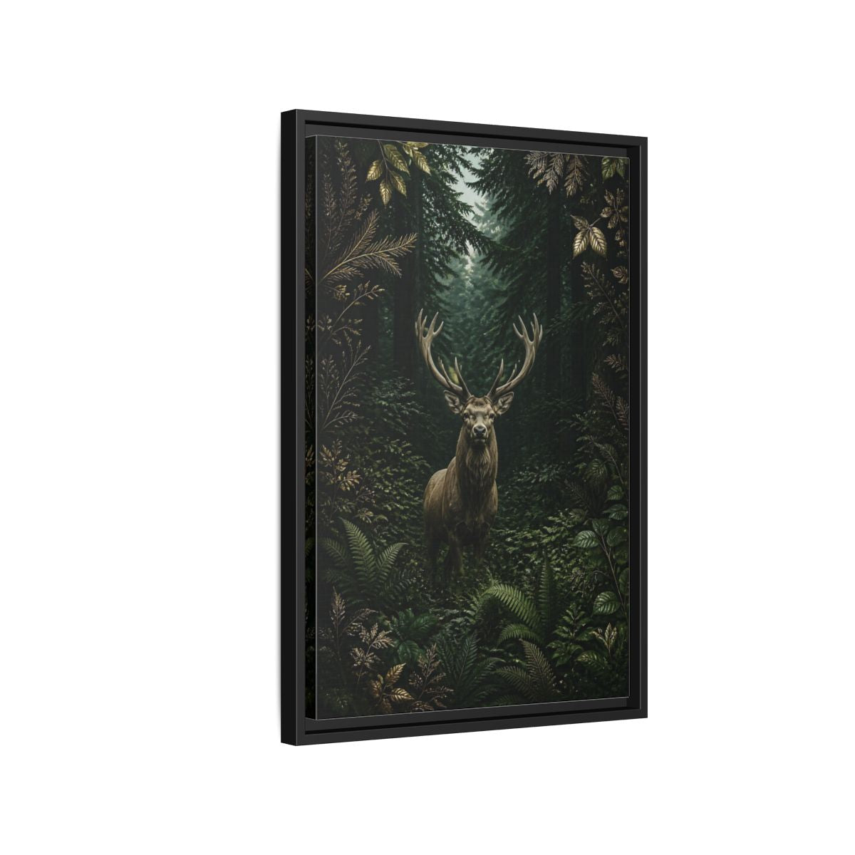 Side Mockup 3. Animals Stag Deep Green Forest Stag shown as stretched canvas wall art