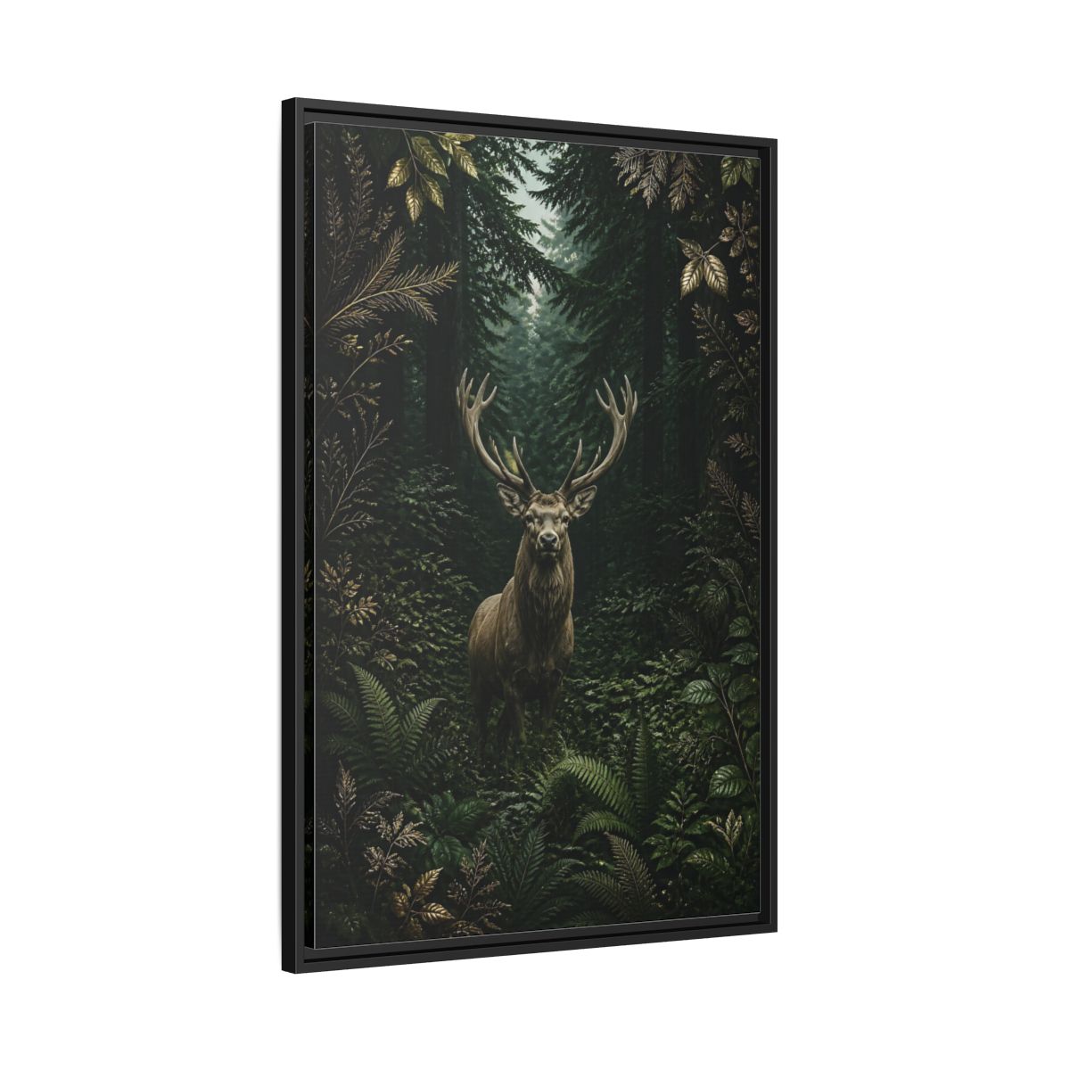 Side Mockup 13. Animals Stag Deep Green Forest Stag shown as stretched canvas wall art