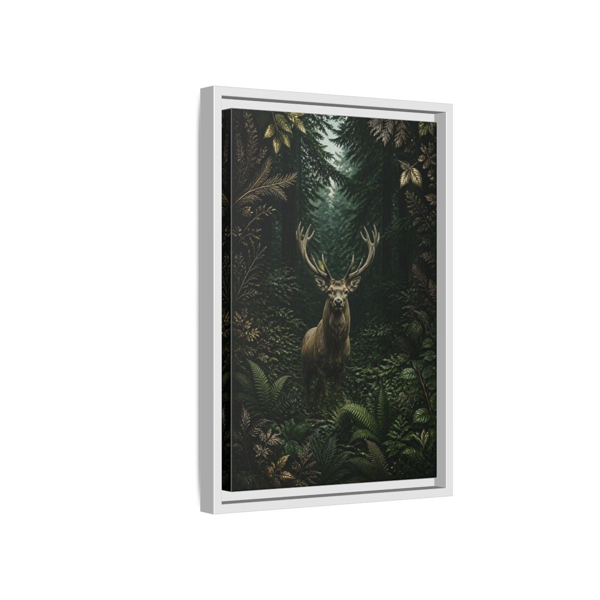 Side Mockup 4. Animals Stag Deep Green Forest Stag shown as stretched canvas wall art