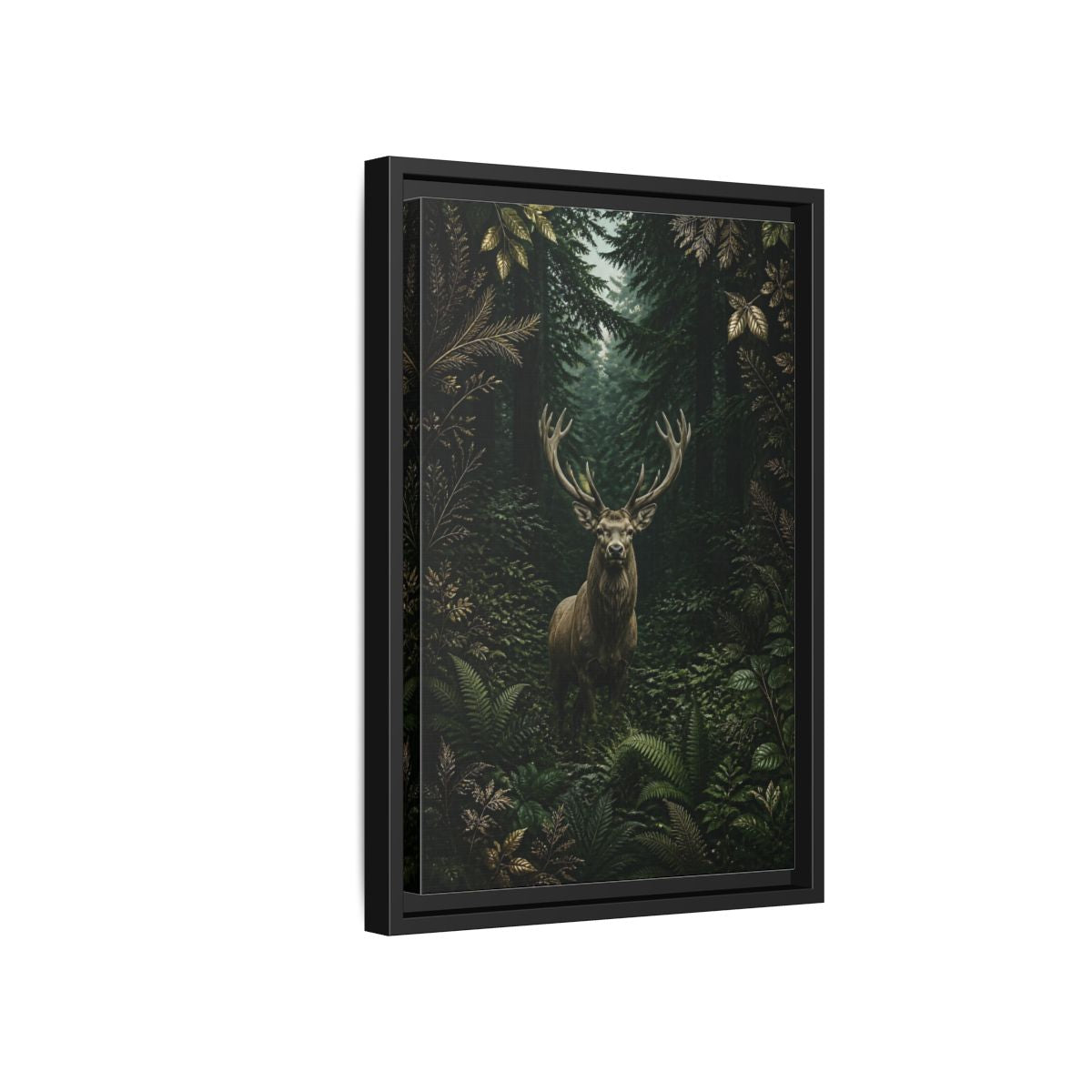Side Mockup 6. Animals Stag Deep Green Forest Stag shown as stretched canvas wall art