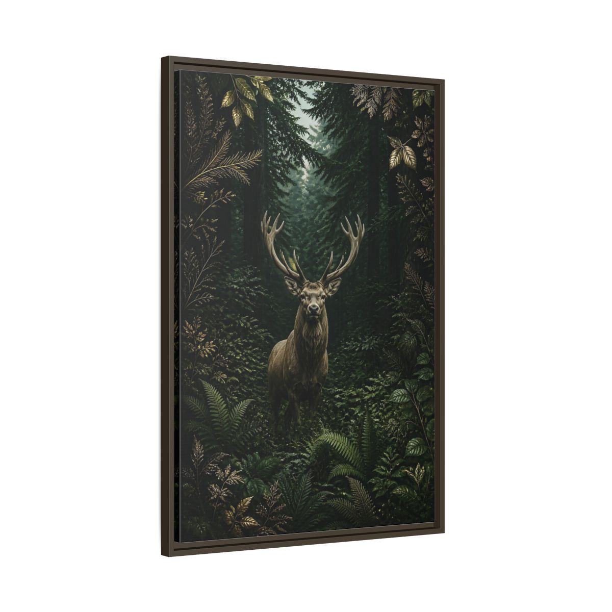 Main Mockup. Animals Stag Deep Green Forest Stag shown as stretched canvas wall art