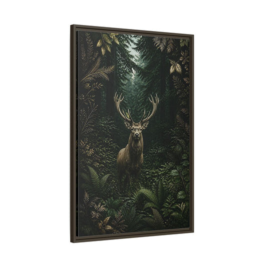 Main Mockup. Animals Stag Deep Green Forest Stag shown as stretched canvas wall art