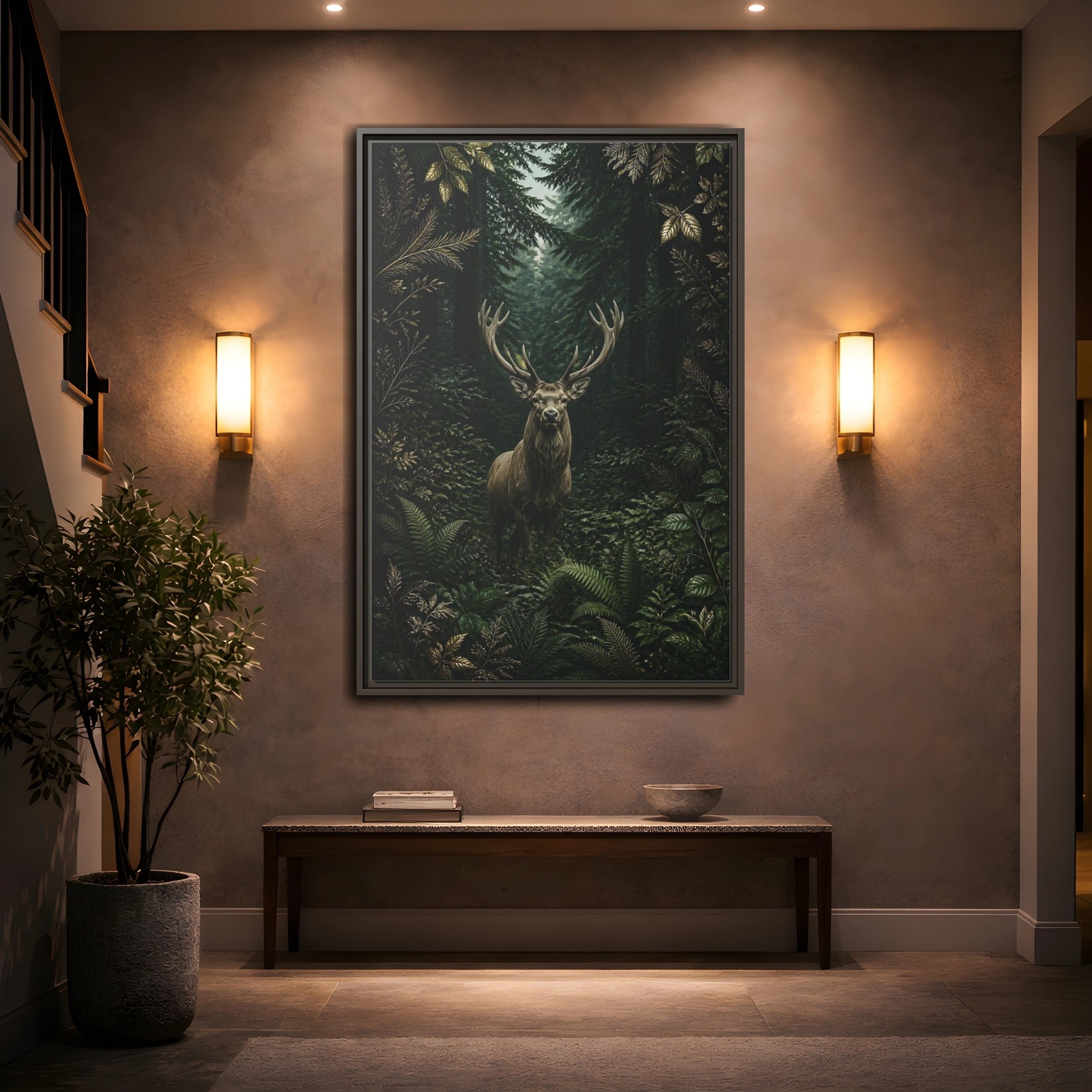 Mockup 2. Animals Stag Deep Green Forest Stag shown as stretched canvas wall art