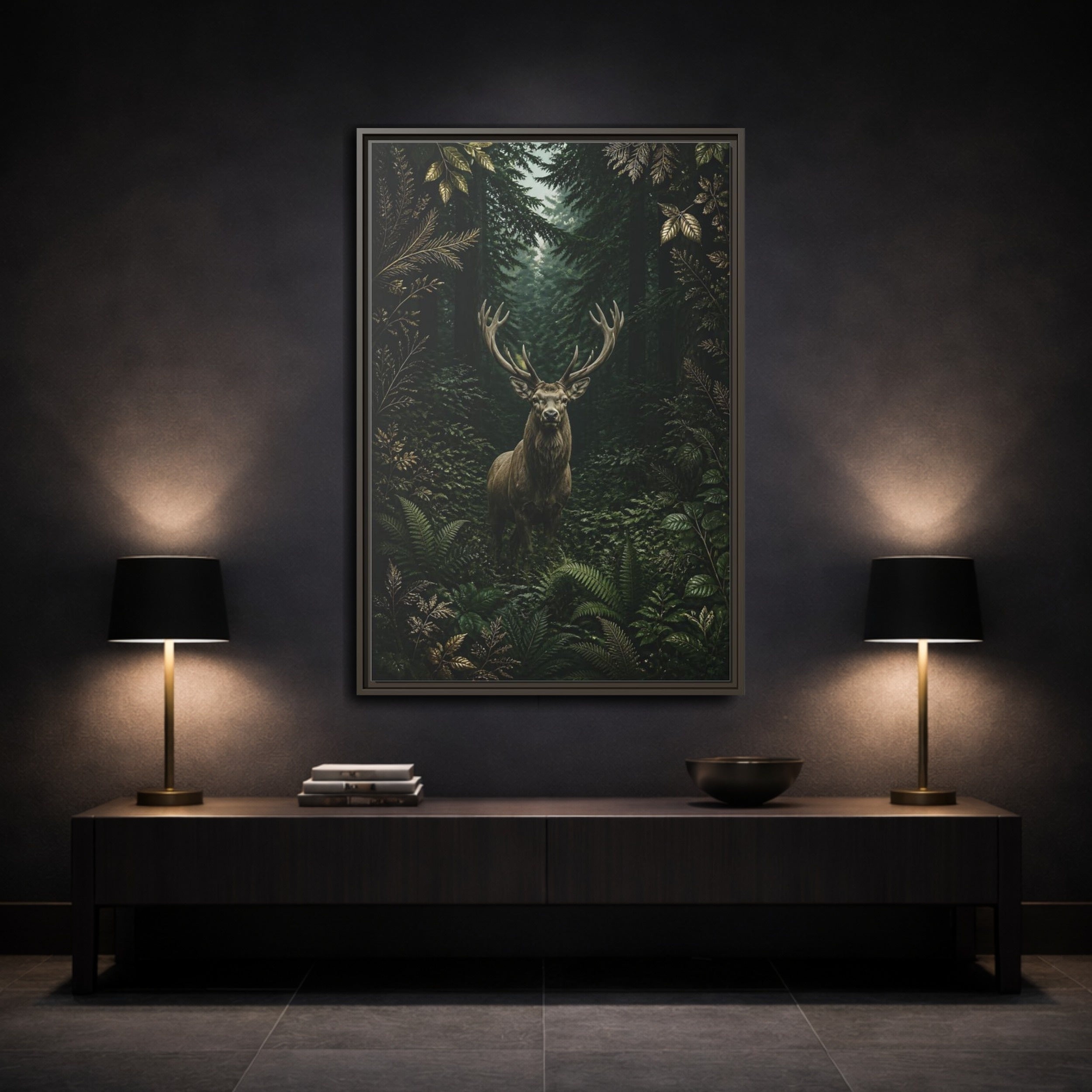 Mockup 3. Animals Stag Deep Green Forest Stag shown as stretched canvas wall art