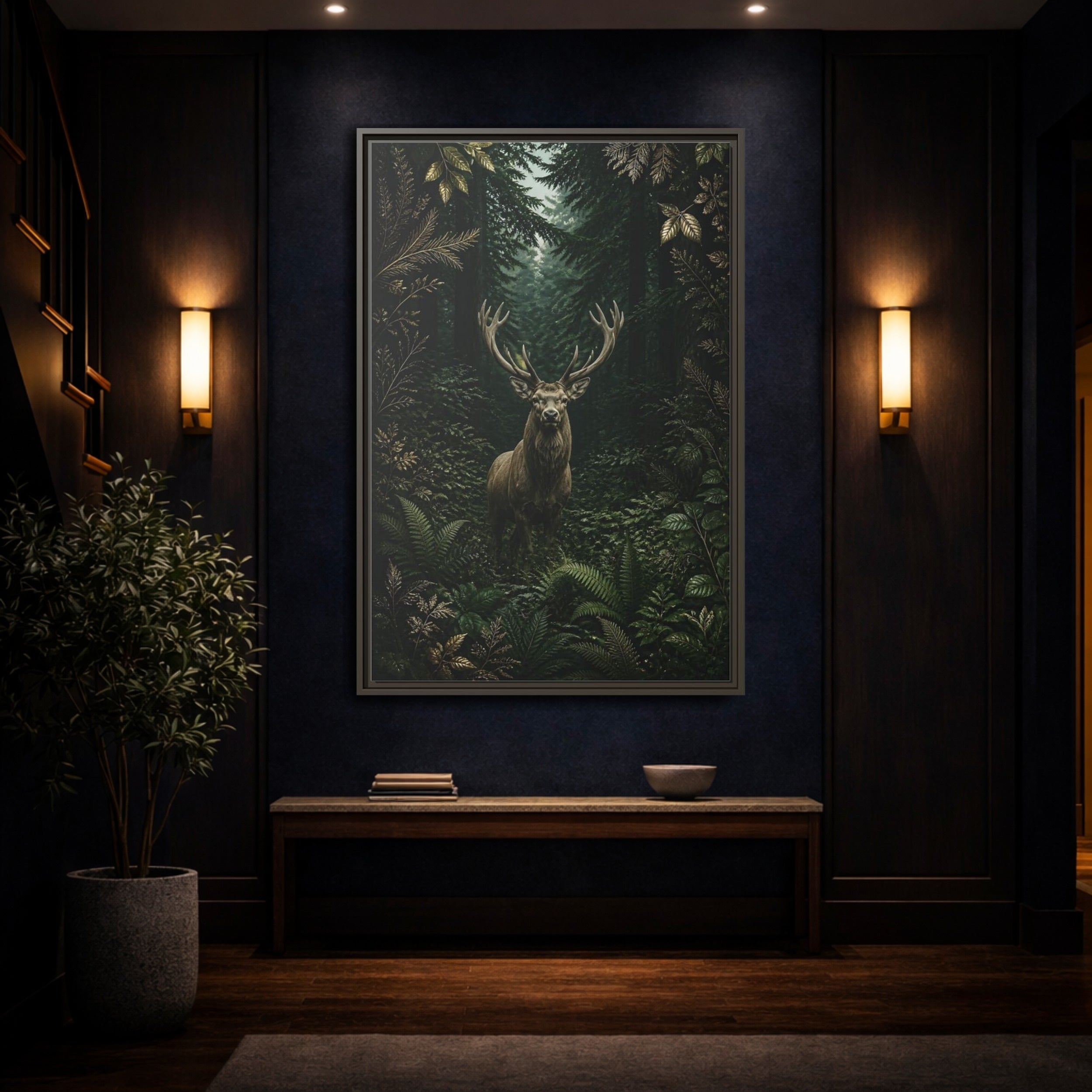 Mockup 4. Animals Stag Deep Green Forest Stag shown as stretched canvas wall art