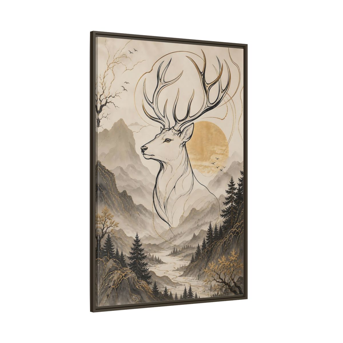 Side Mockup 8. Animals Stag Golden Stag Mountain shown as stretched canvas wall art