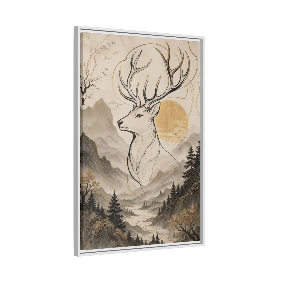 Side Mockup 9. Animals Stag Golden Stag Mountain shown as stretched canvas wall art
