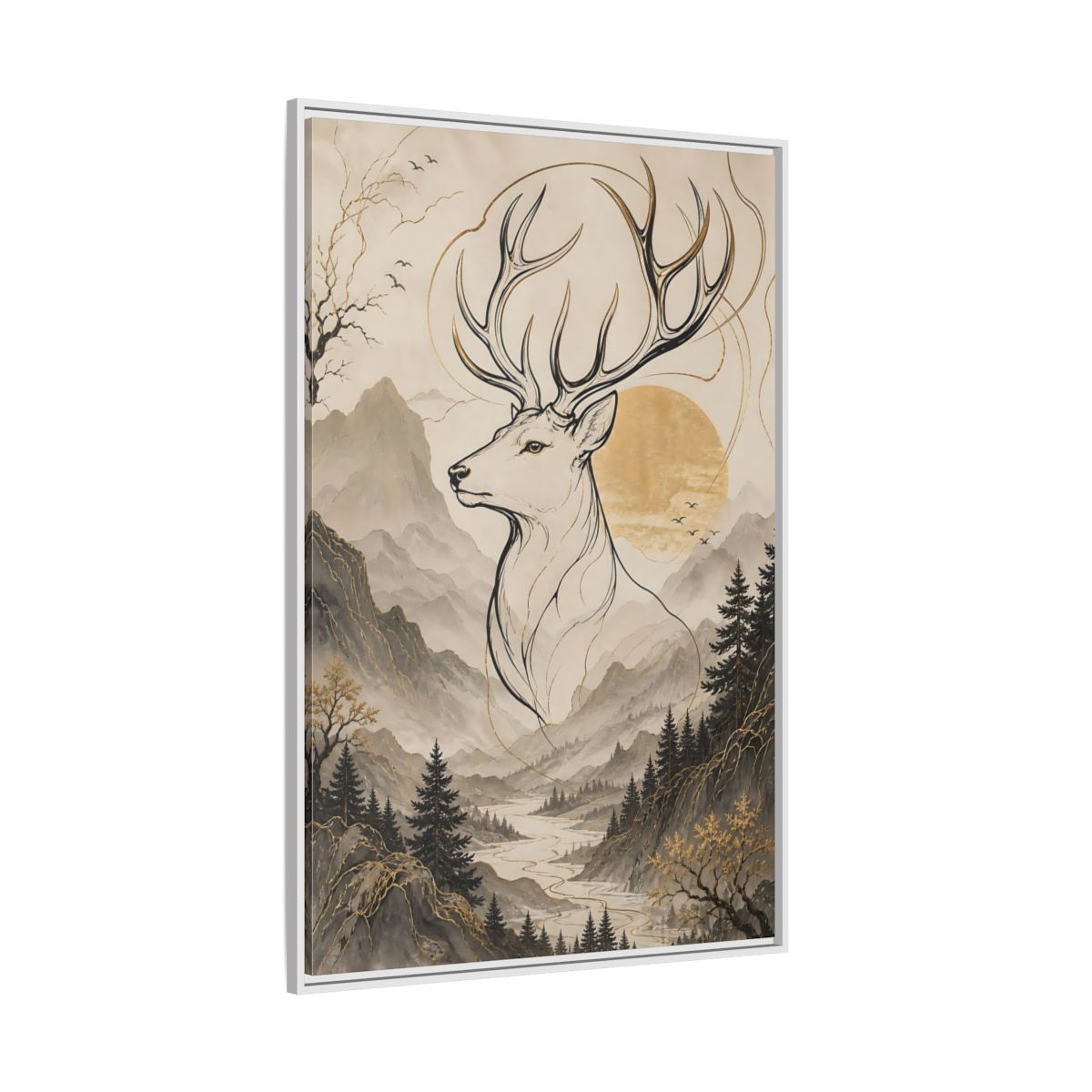 Side Mockup 7. Animals Stag Golden Stag Mountain shown as stretched canvas wall art