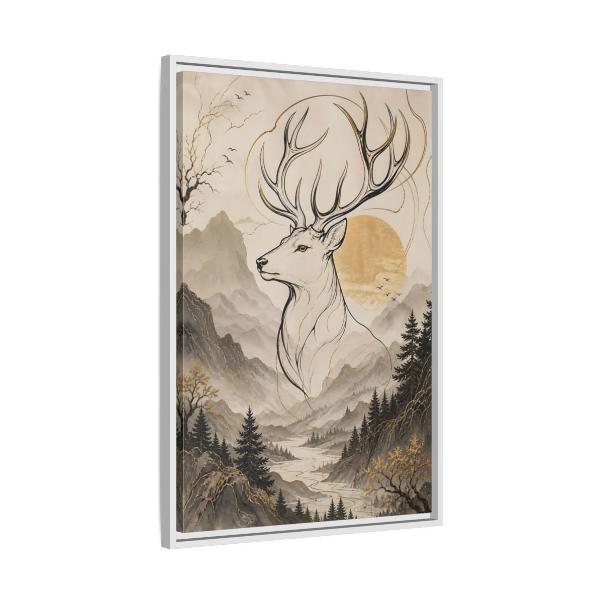 Side Mockup 10. Animals Stag Golden Stag Mountain shown as stretched canvas wall art