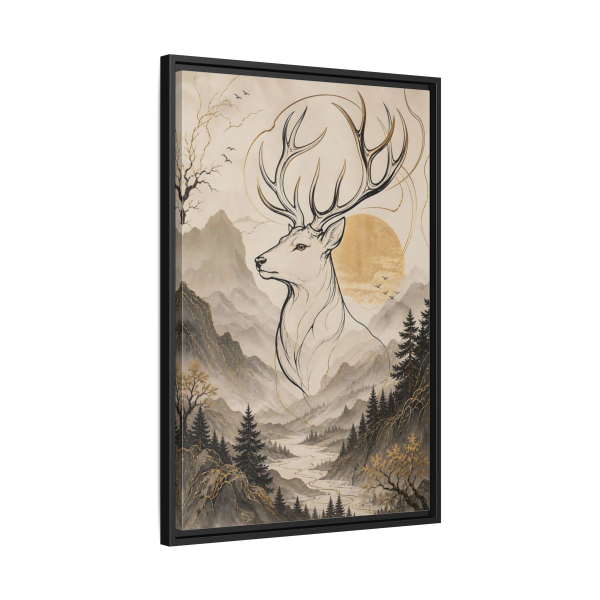 Side Mockup 14. Animals Stag Golden Stag Mountain shown as stretched canvas wall art
