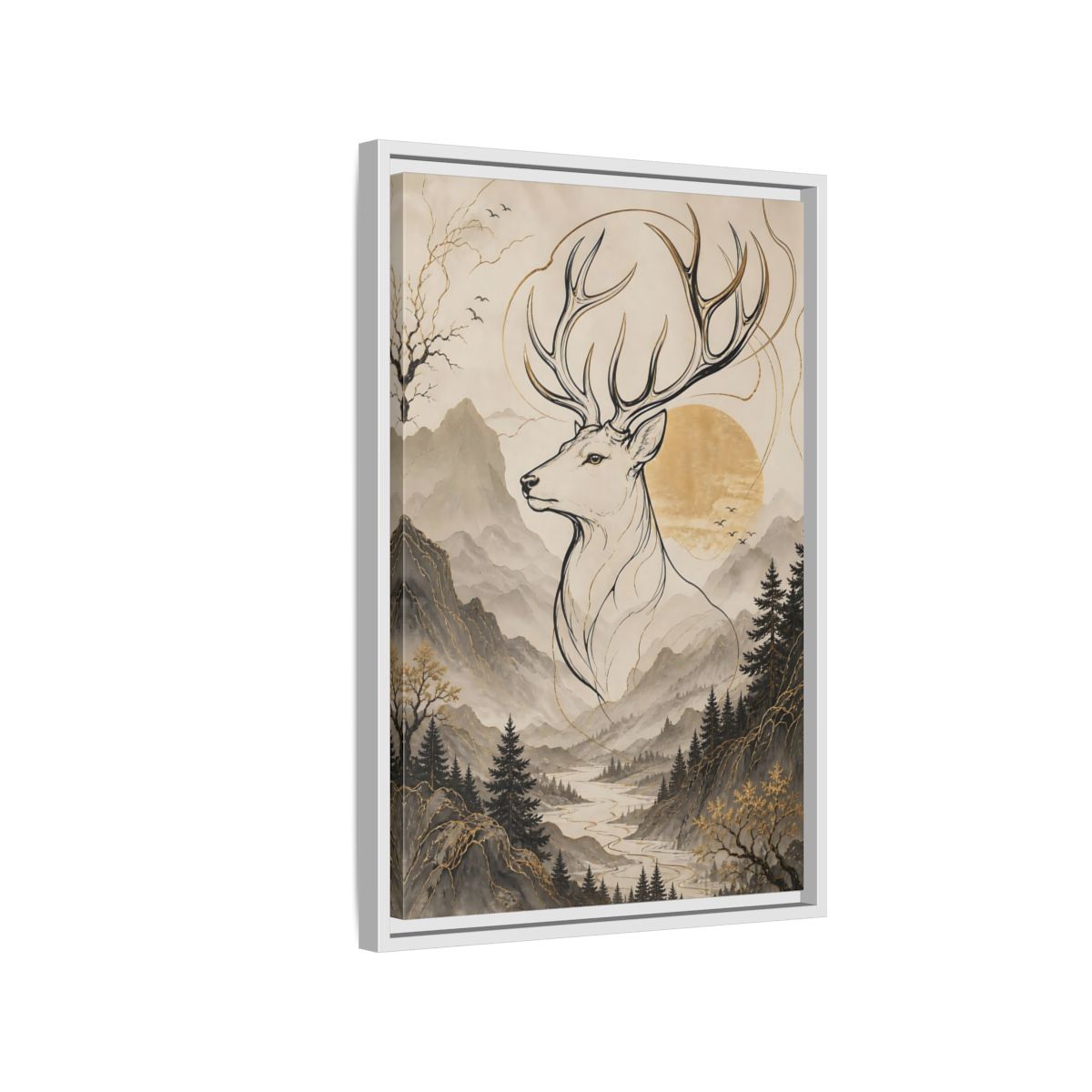 Side Mockup 1. Animals Stag Golden Stag Mountain shown as stretched canvas wall art