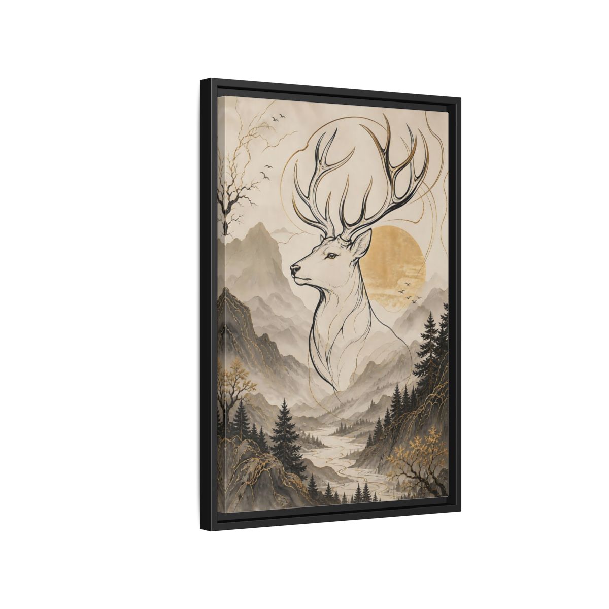 Side Mockup 3. Animals Stag Golden Stag Mountain shown as stretched canvas wall art