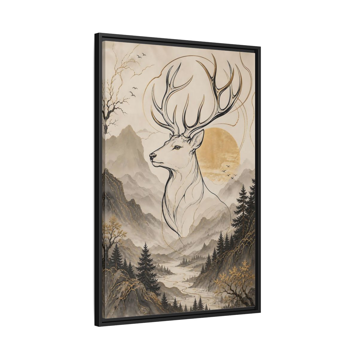 Side Mockup 13. Animals Stag Golden Stag Mountain shown as stretched canvas wall art