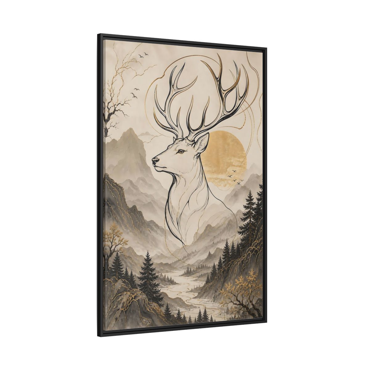 Side Mockup 12. Animals Stag Golden Stag Mountain shown as stretched canvas wall art