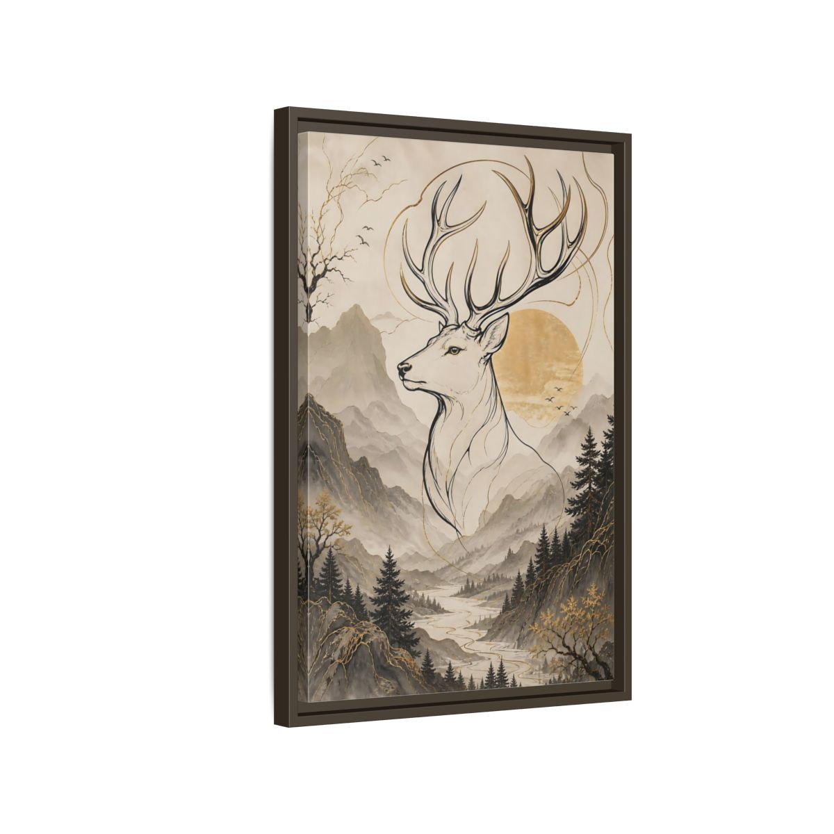 Side Mockup 2. Animals Stag Golden Stag Mountain shown as stretched canvas wall art