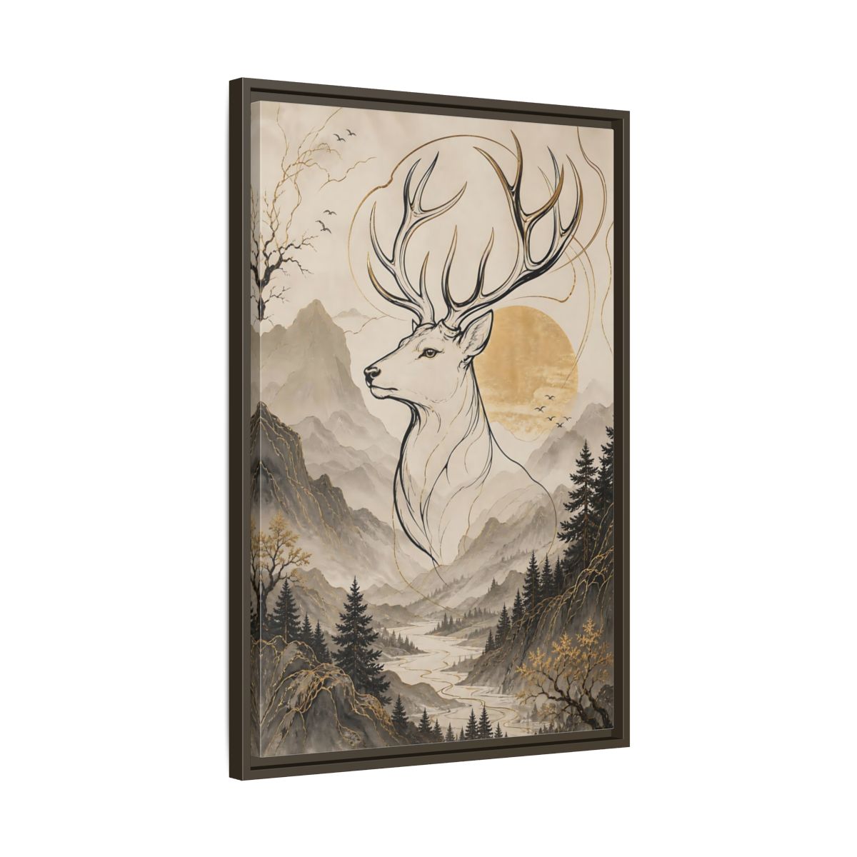 Side Mockup 11. Animals Stag Golden Stag Mountain shown as stretched canvas wall art
