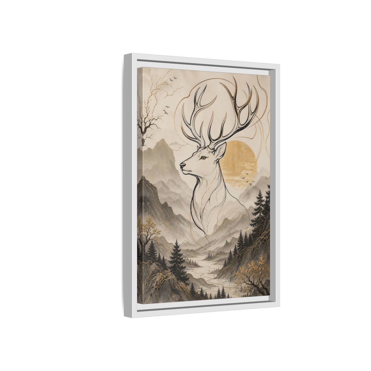 Side Mockup 4. Animals Stag Golden Stag Mountain shown as stretched canvas wall art